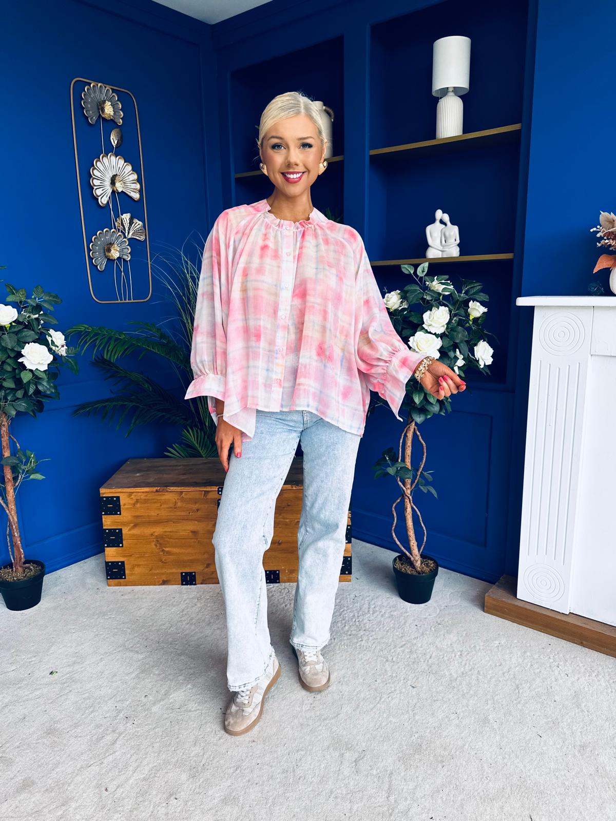 Franki Ombre Check Sleeve Blouse Pink