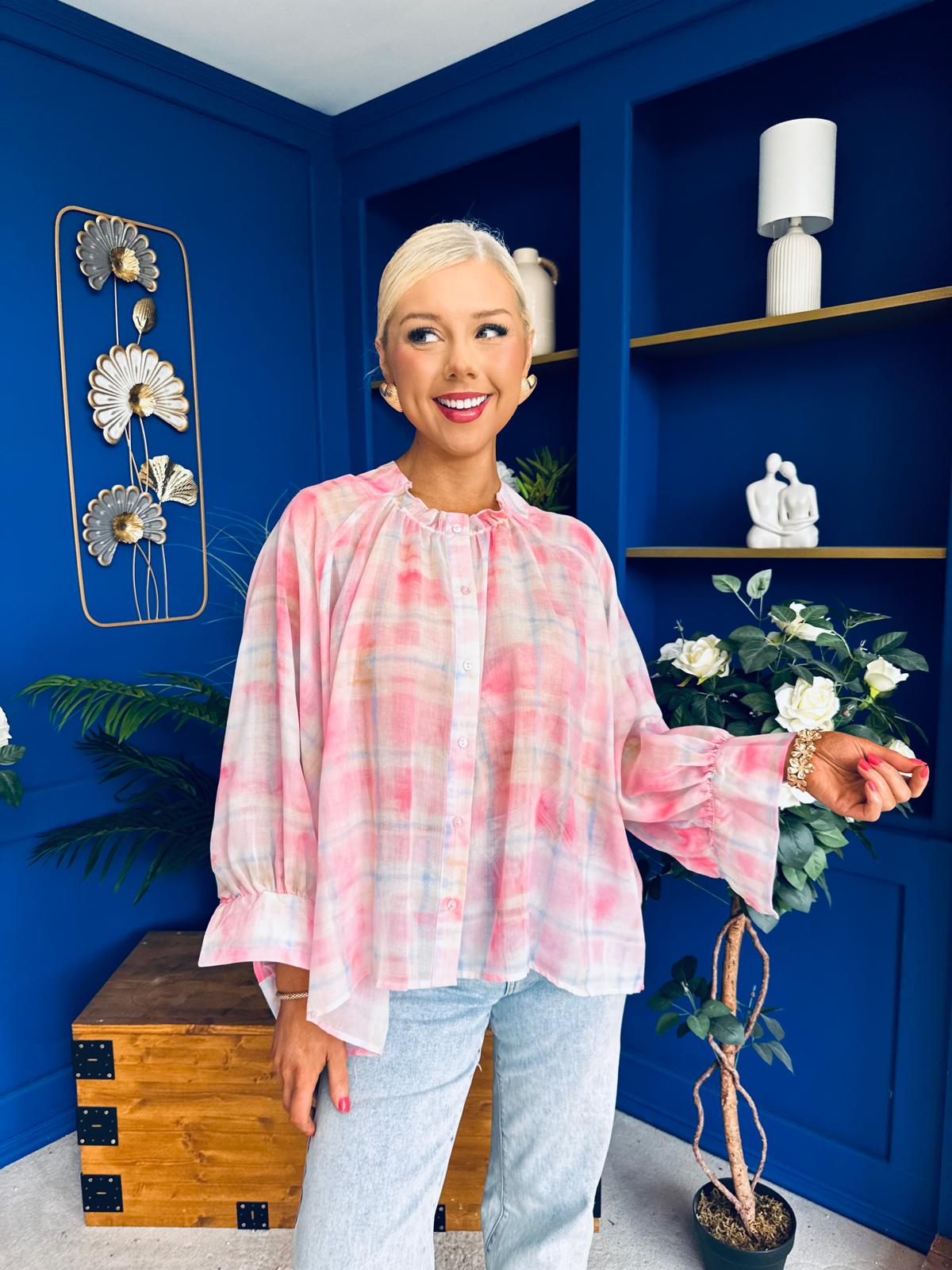 Franki Ombre Check Sleeve Blouse Pink