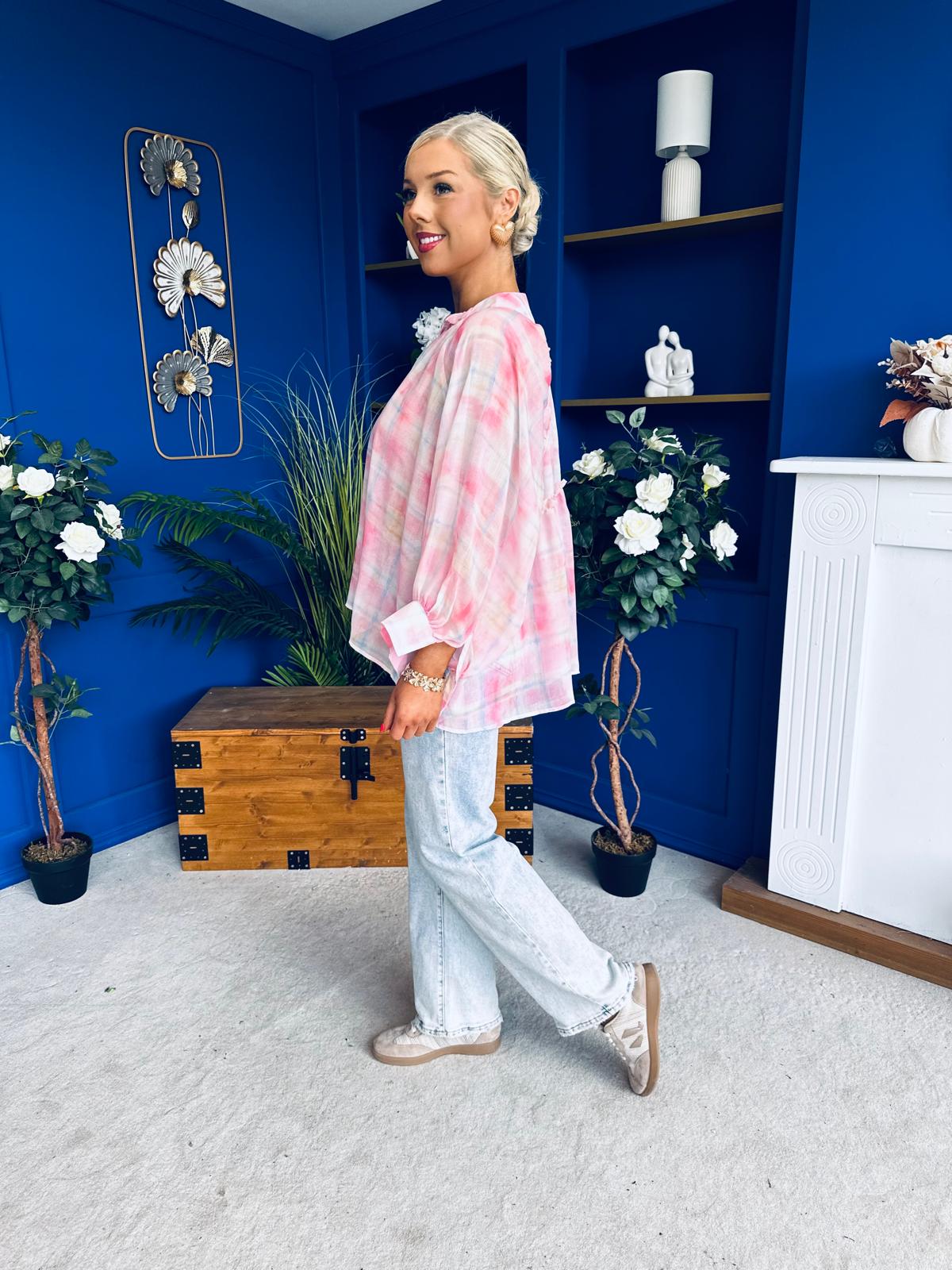 Franki Ombre Check Sleeve Blouse Pink