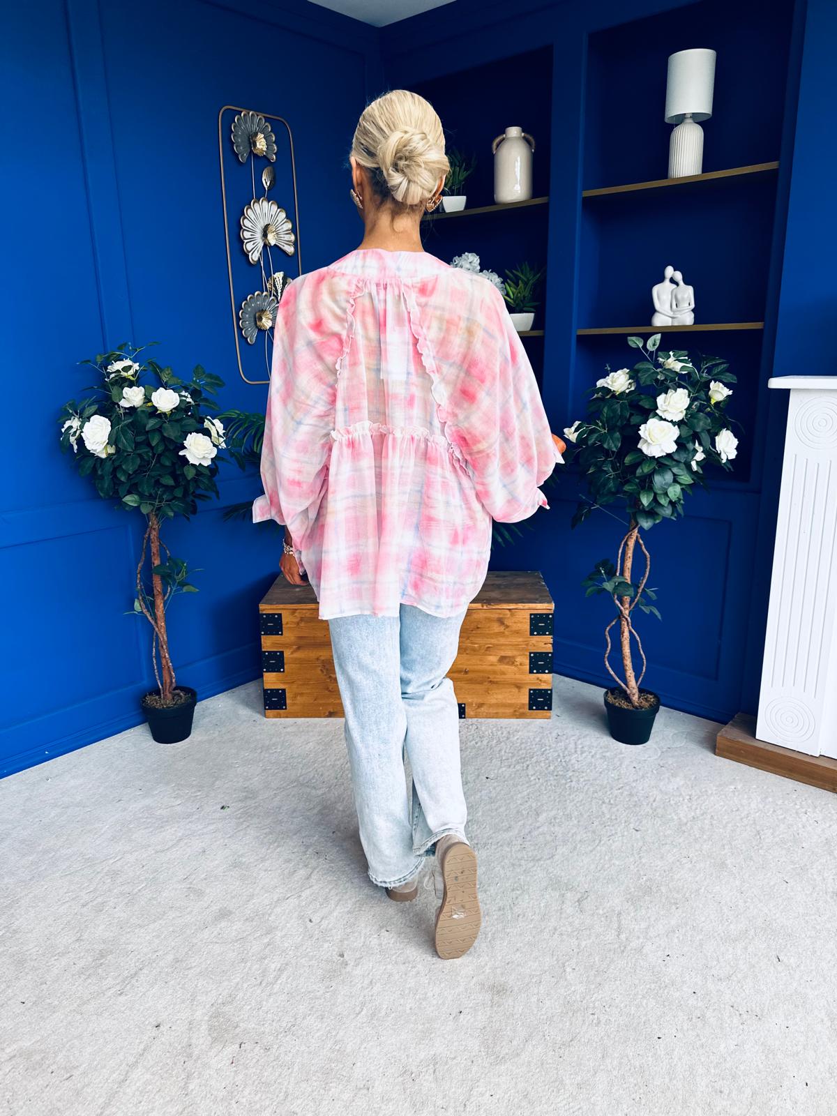 Franki Ombre Check Sleeve Blouse Pink