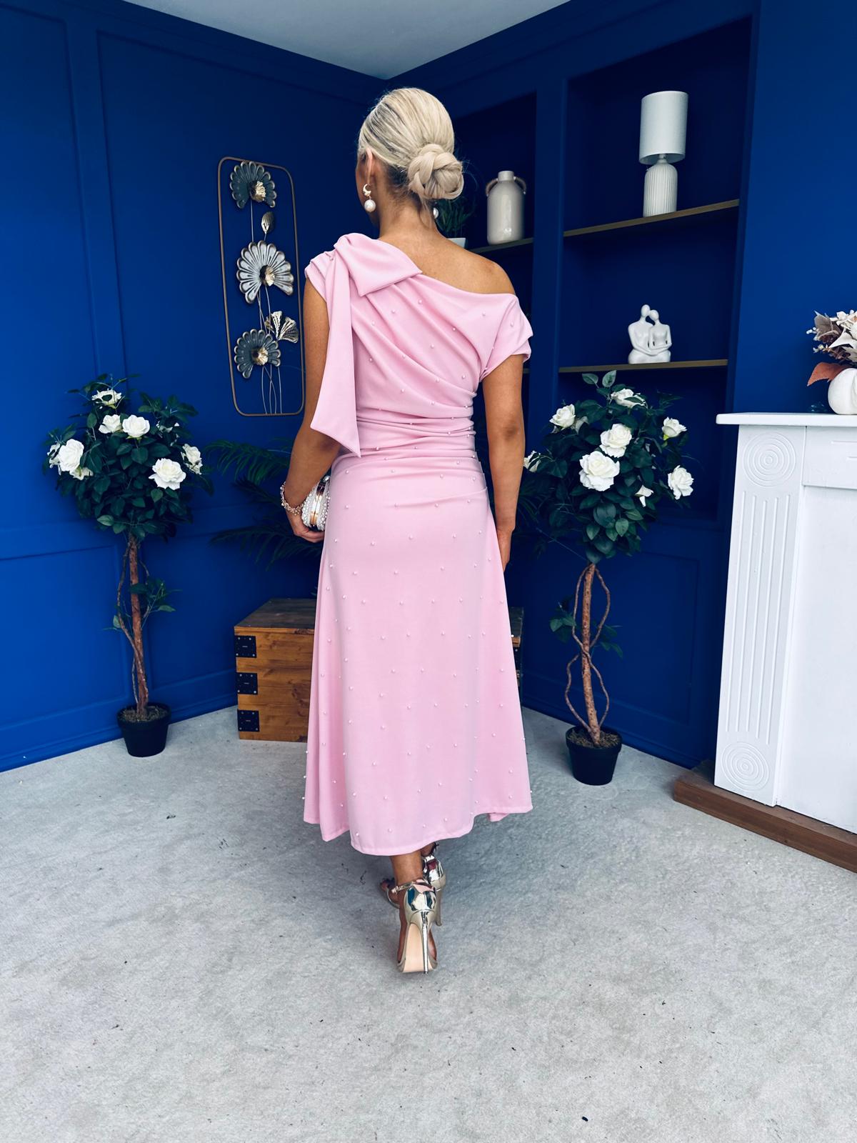 Katie Bow Detail Pearl Embellished Dress Pwr Pink