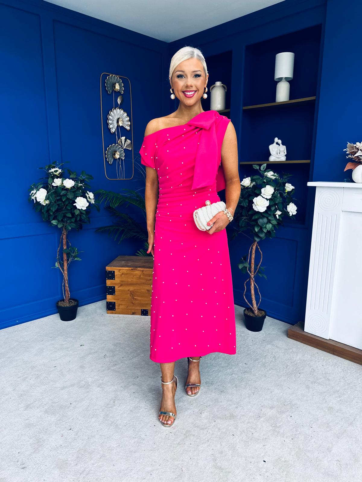 Katie Bow Detail Pearl Embellished Dress Hot Pink