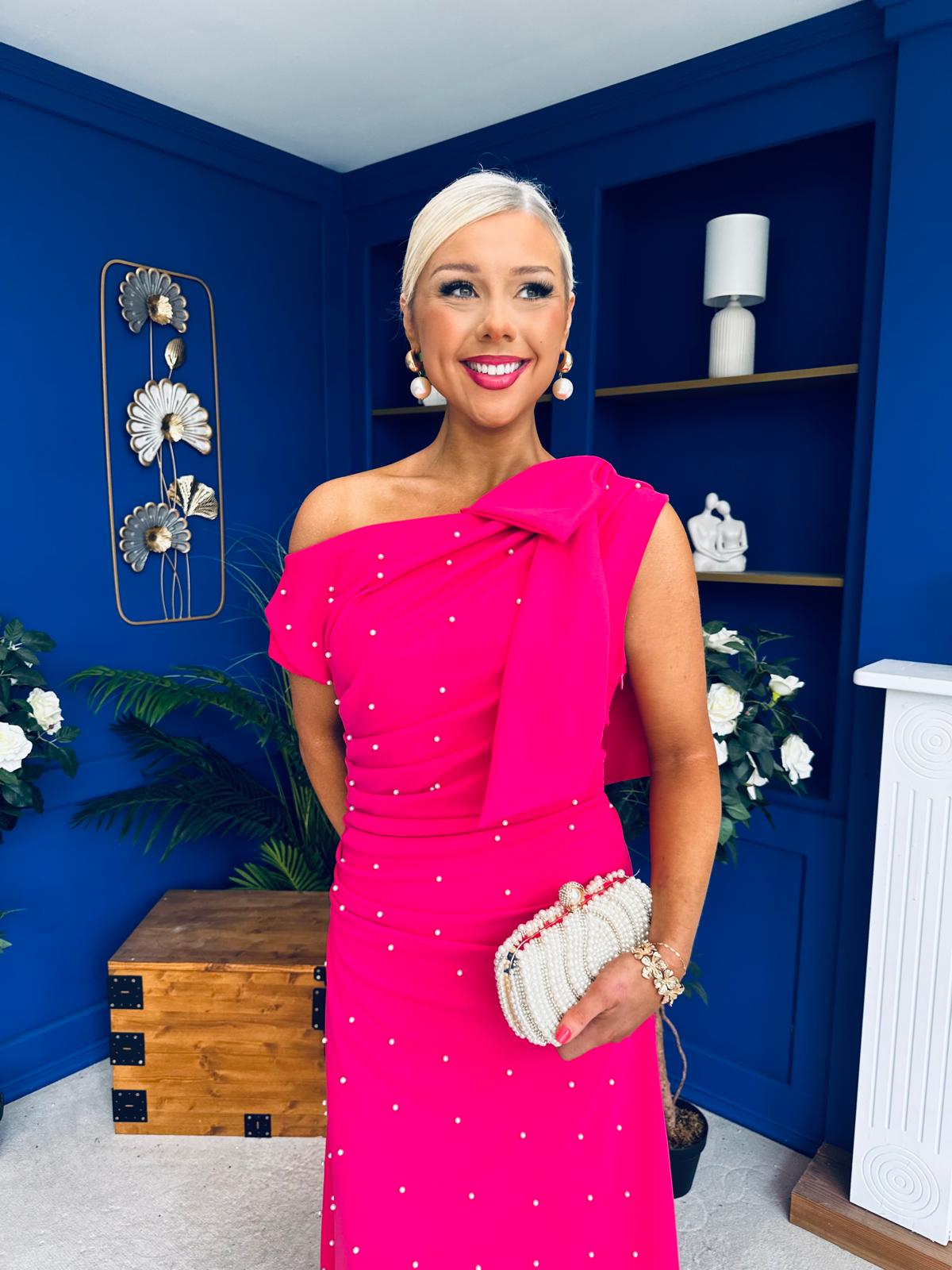 Katie Bow Detail Pearl Embellished Dress Hot Pink