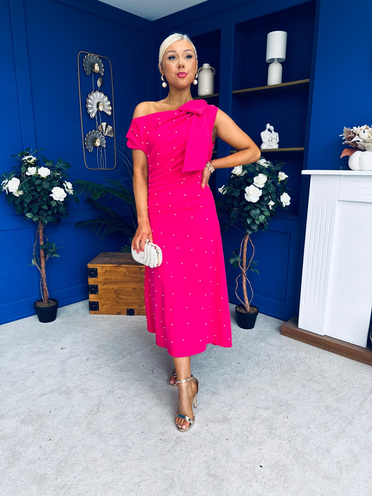 Katie Bow Detail Pearl Embellished Dress Hot Pink