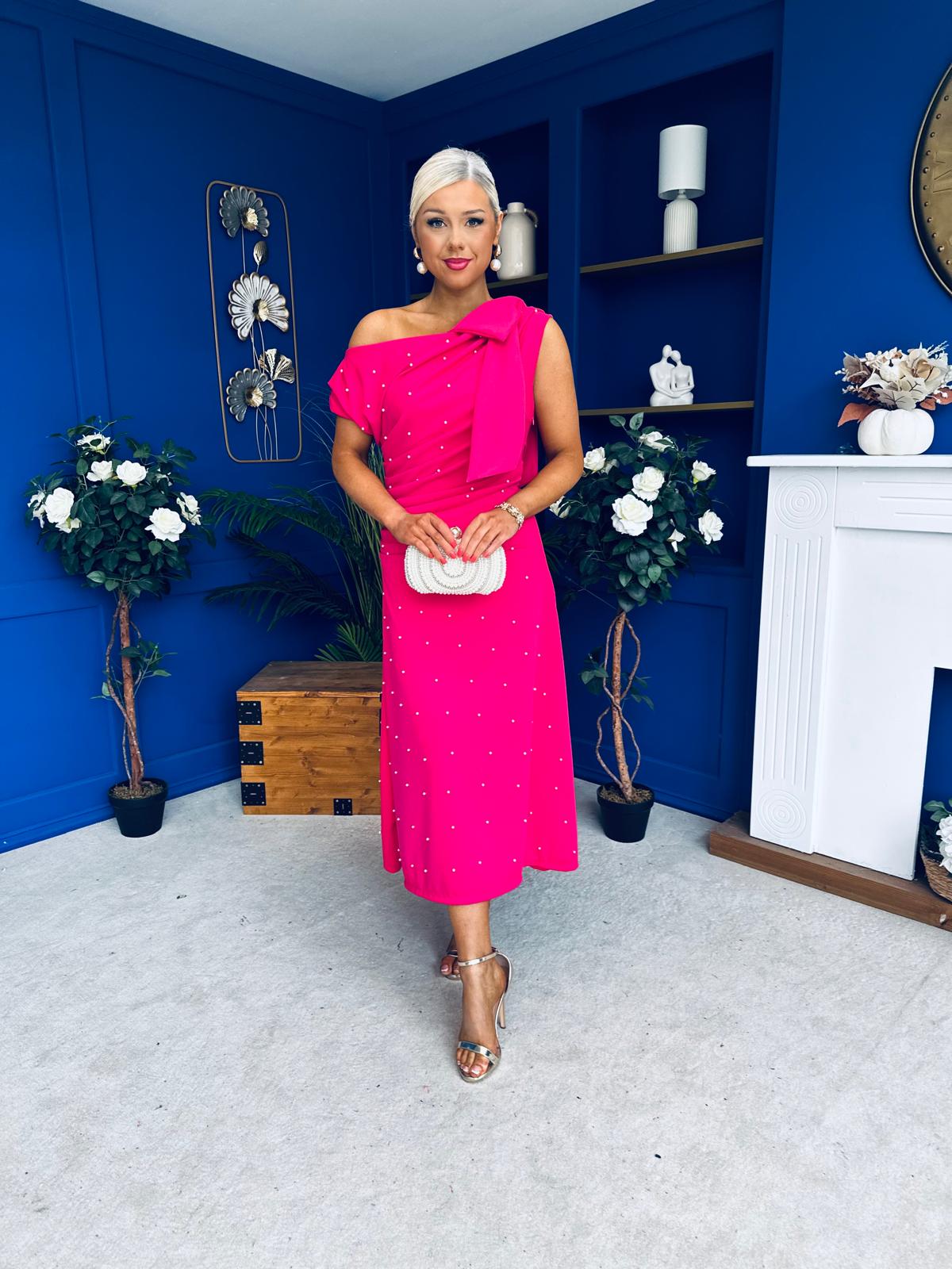 Katie Bow Detail Pearl Embellished Dress Hot Pink