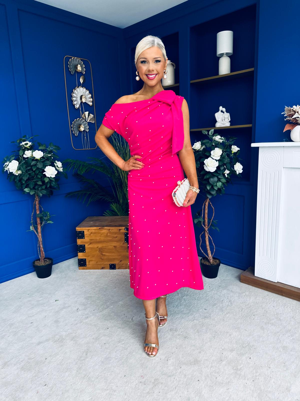 Katie Bow Detail Pearl Embellished Dress Hot Pink
