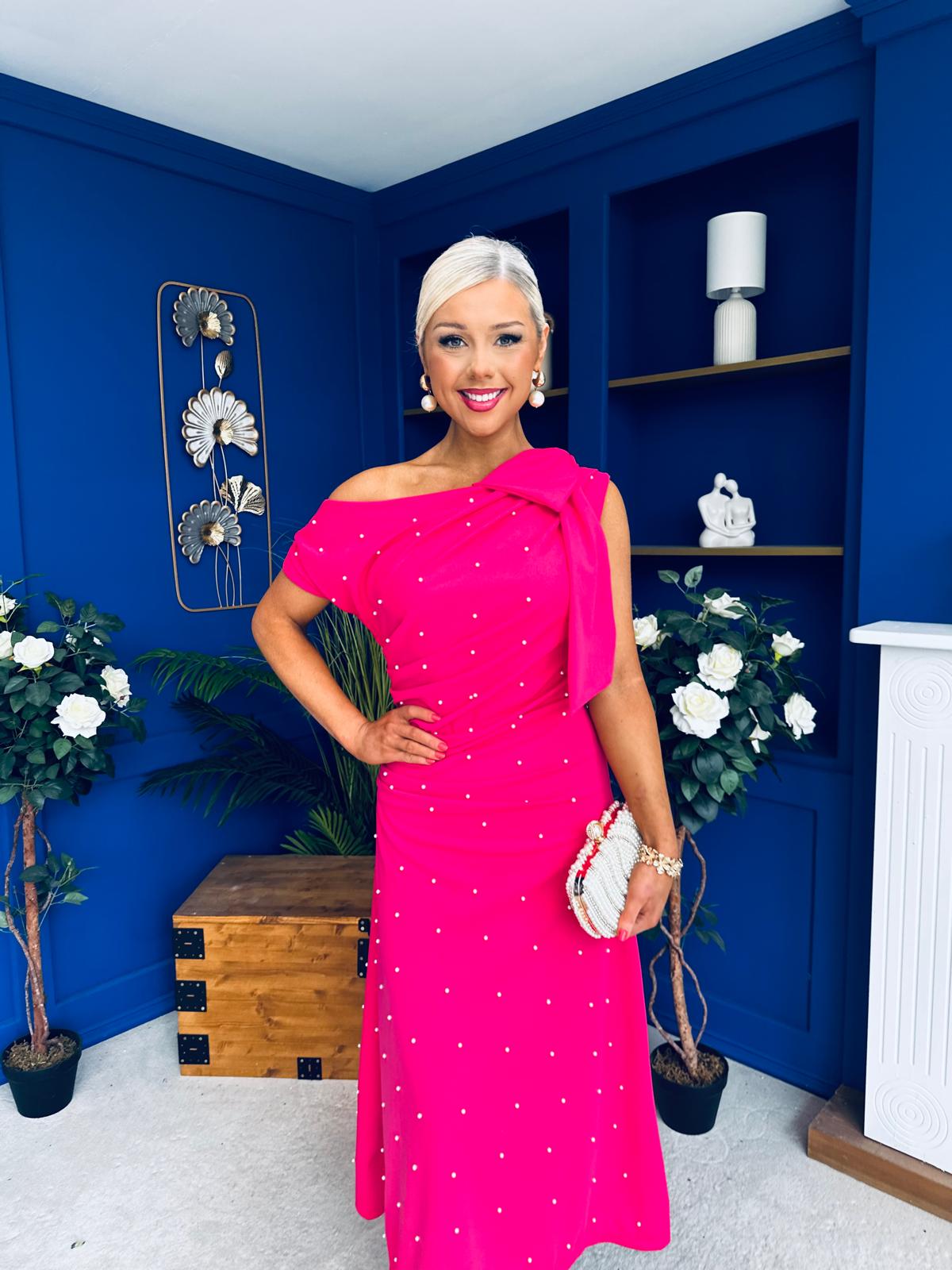 Katie Bow Detail Pearl Embellished Dress Hot Pink