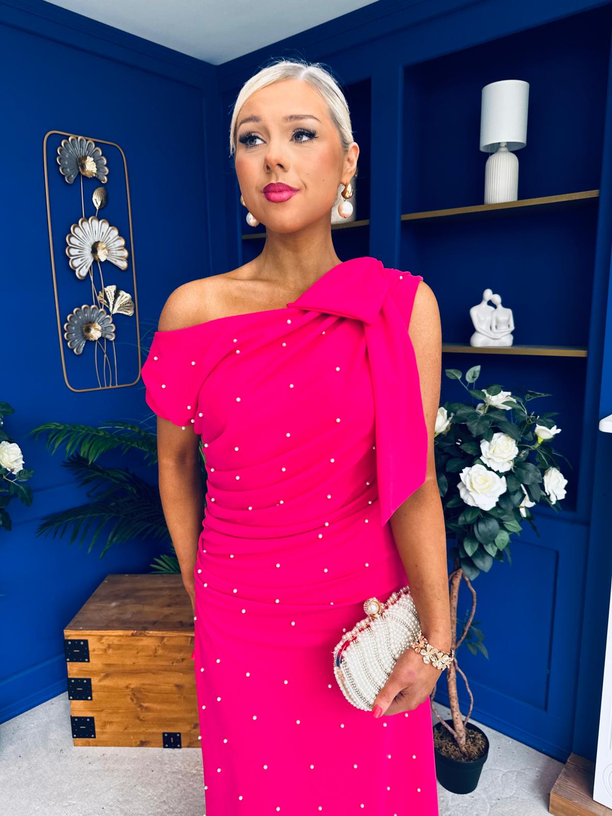 Katie Bow Detail Pearl Embellished Dress Hot Pink
