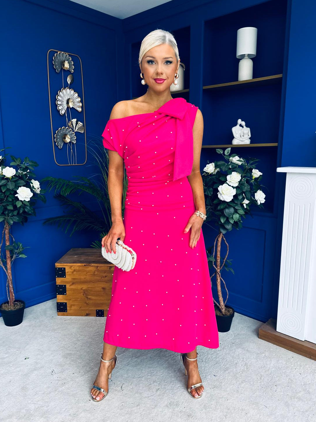 Katie Bow Detail Pearl Embellished Dress Hot Pink