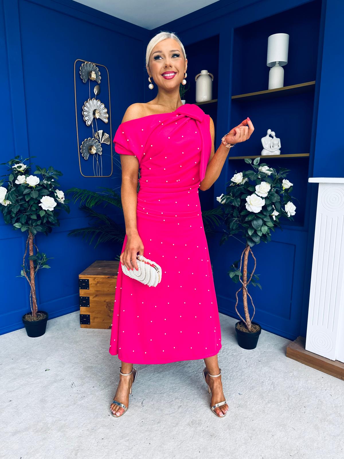 Katie Bow Detail Pearl Embellished Dress Hot Pink