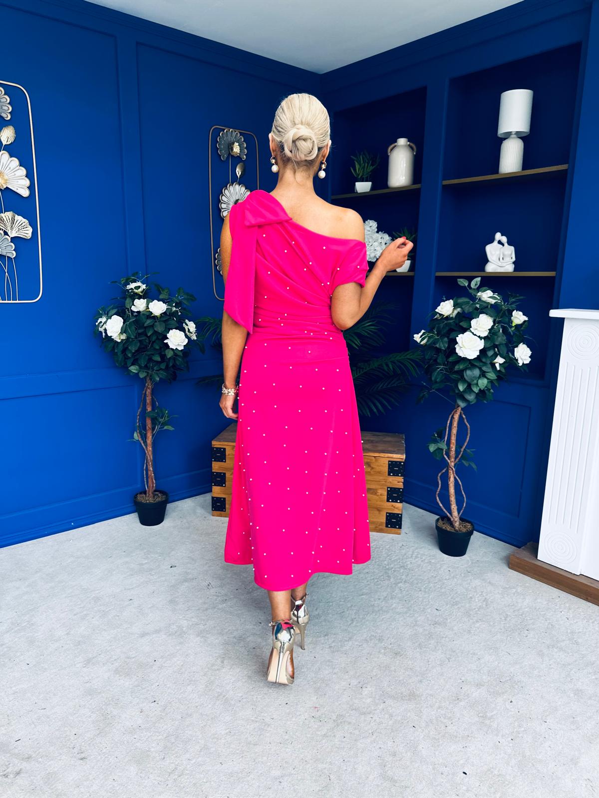 Katie Bow Detail Pearl Embellished Dress Hot Pink