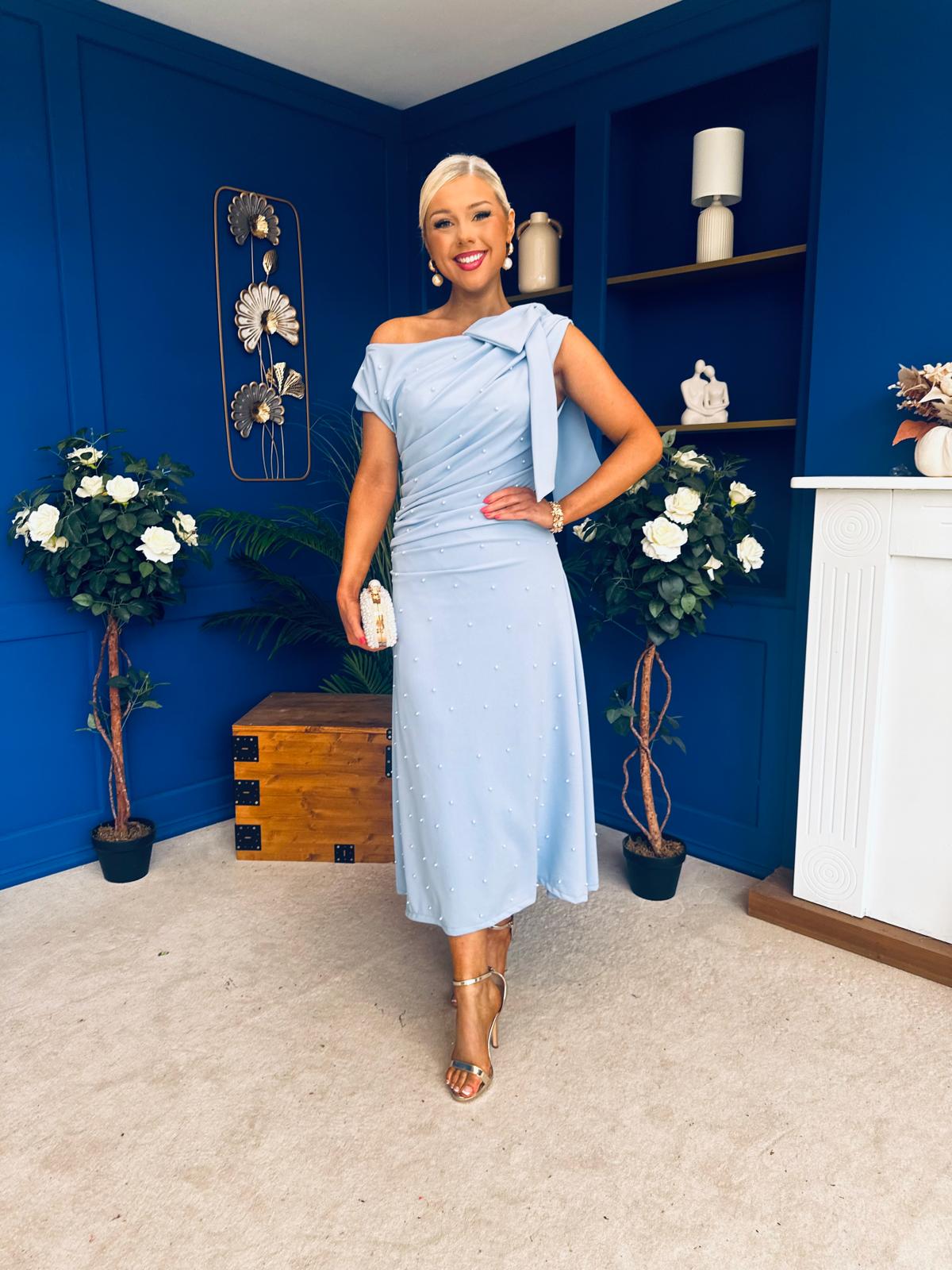 Katie Bow Detail Pearl Embellished Dress Pwr Blue