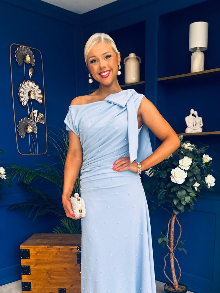 Katie Bow Detail Pearl Embellished Dress Pwr Blue