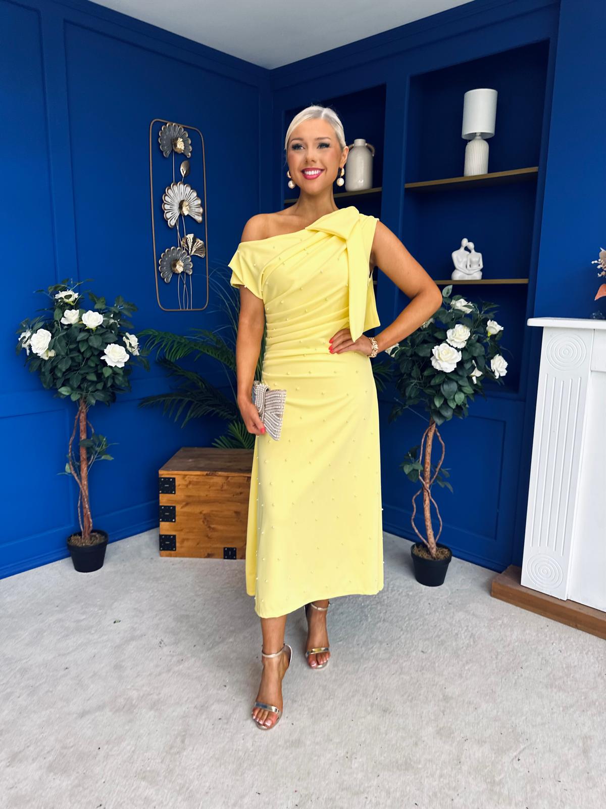Katie Bow Detail Pearl Embellished Dress Yellow