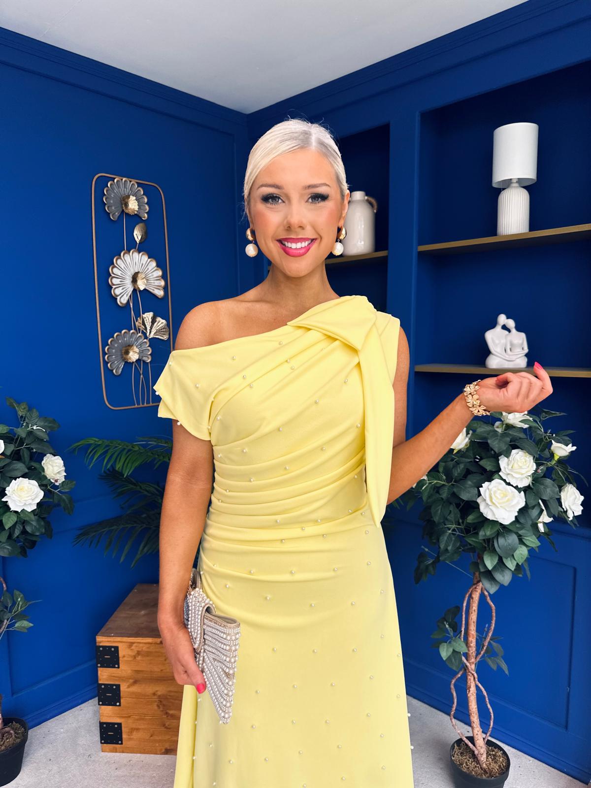 Katie Bow Detail Pearl Embellished Dress Yellow