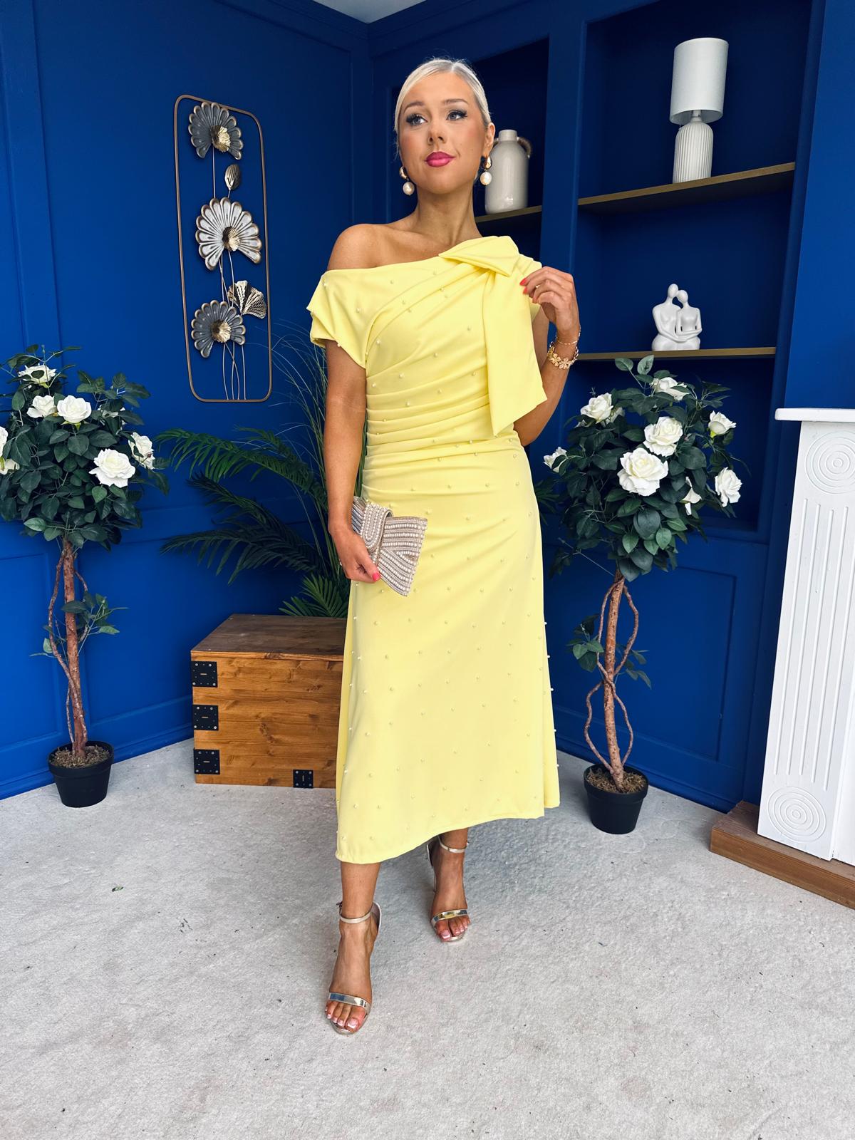 Katie Bow Detail Pearl Embellished Dress Yellow
