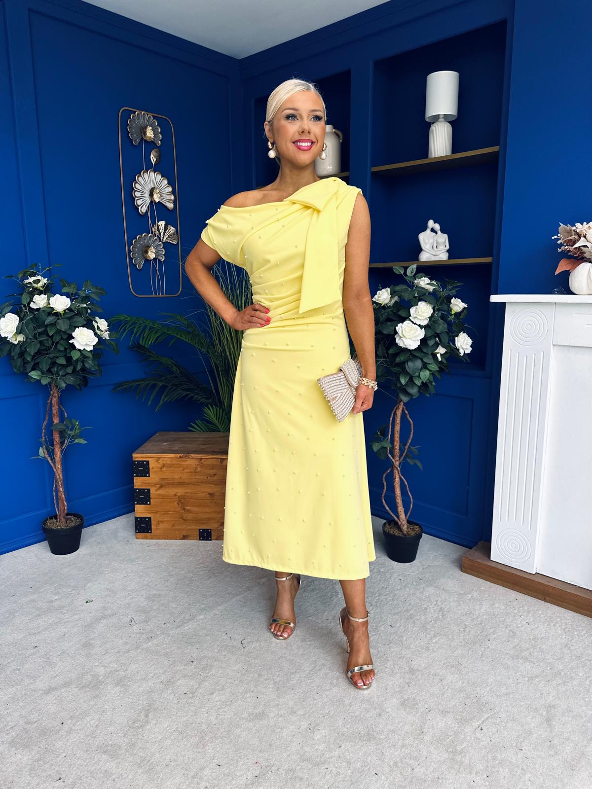 Katie Bow Detail Pearl Embellished Dress Yellow