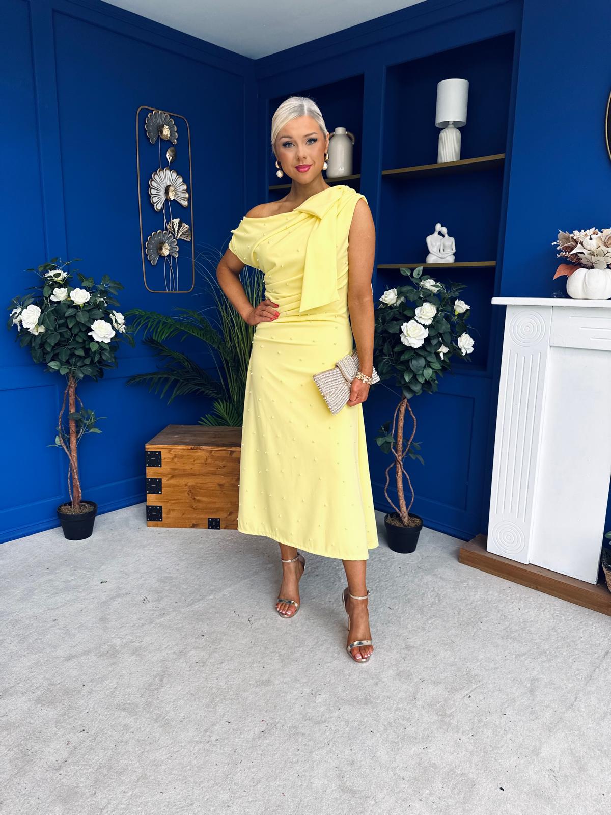 Katie Bow Detail Pearl Embellished Dress Yellow