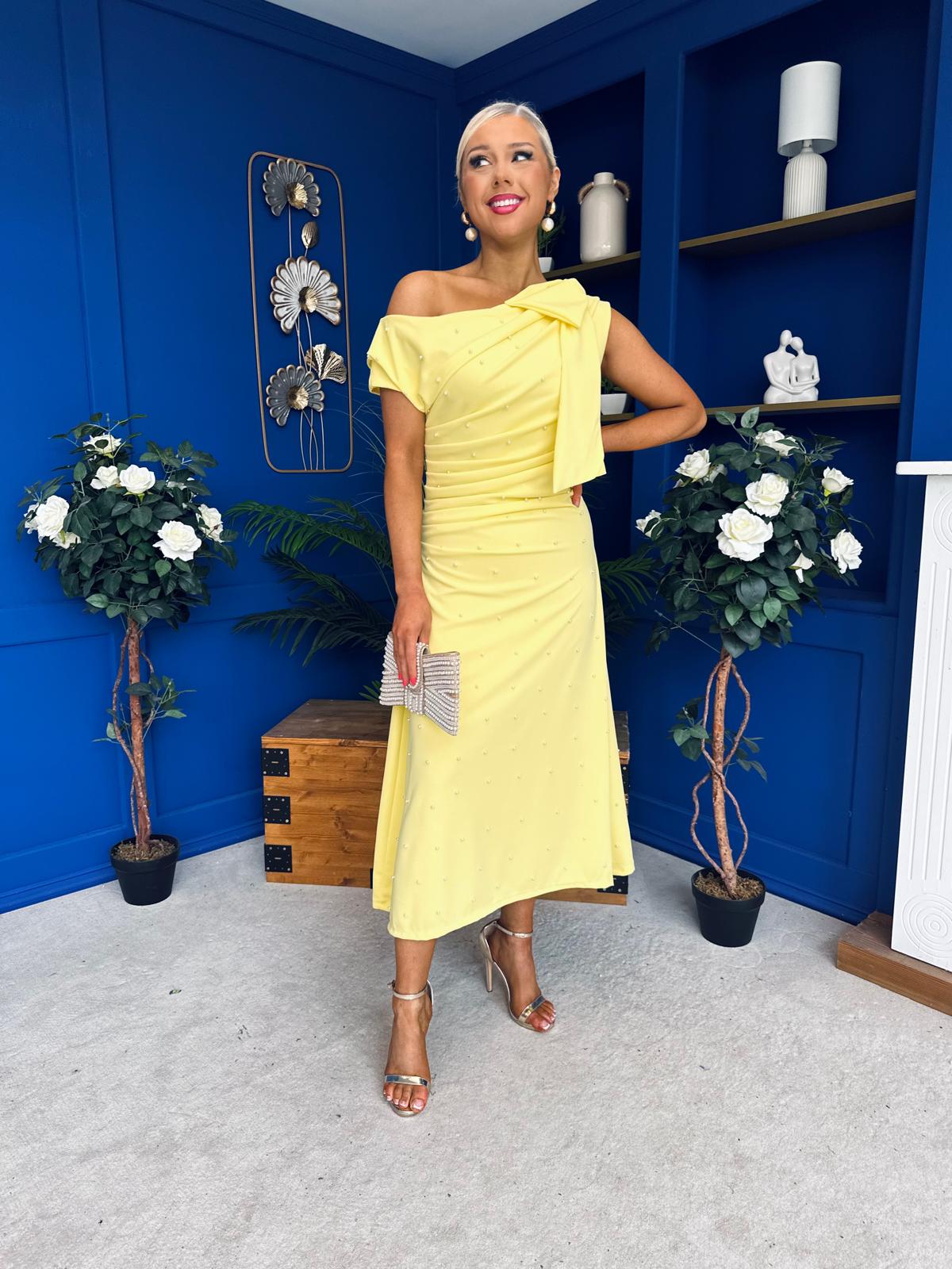 Katie Bow Detail Pearl Embellished Dress Yellow