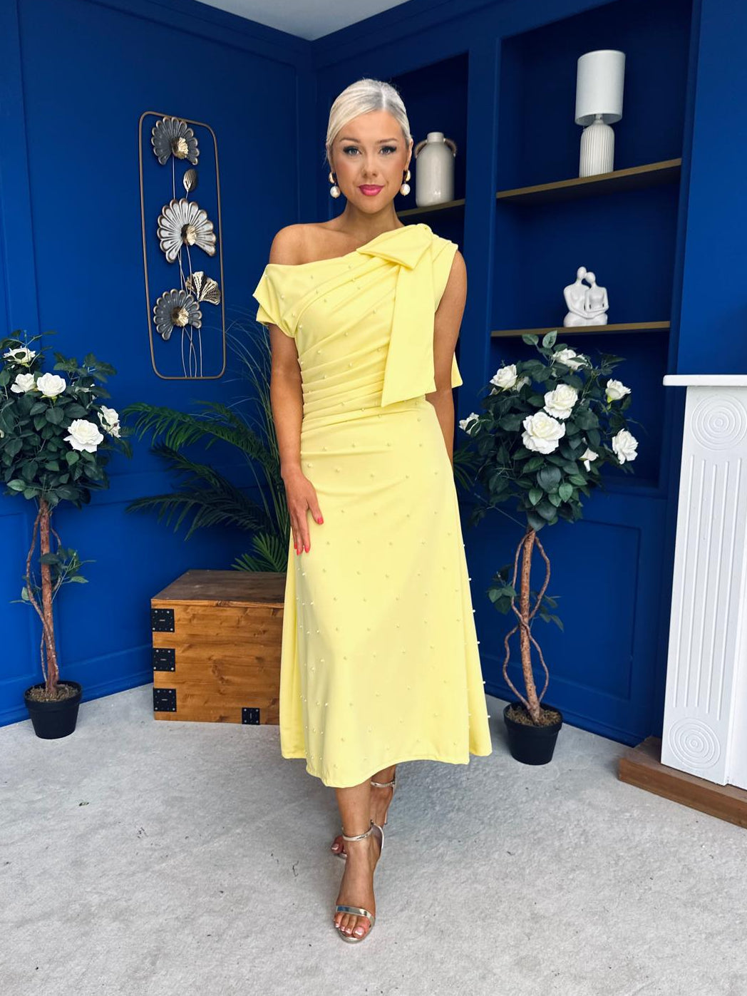 Katie Bow Detail Pearl Embellished Dress Yellow