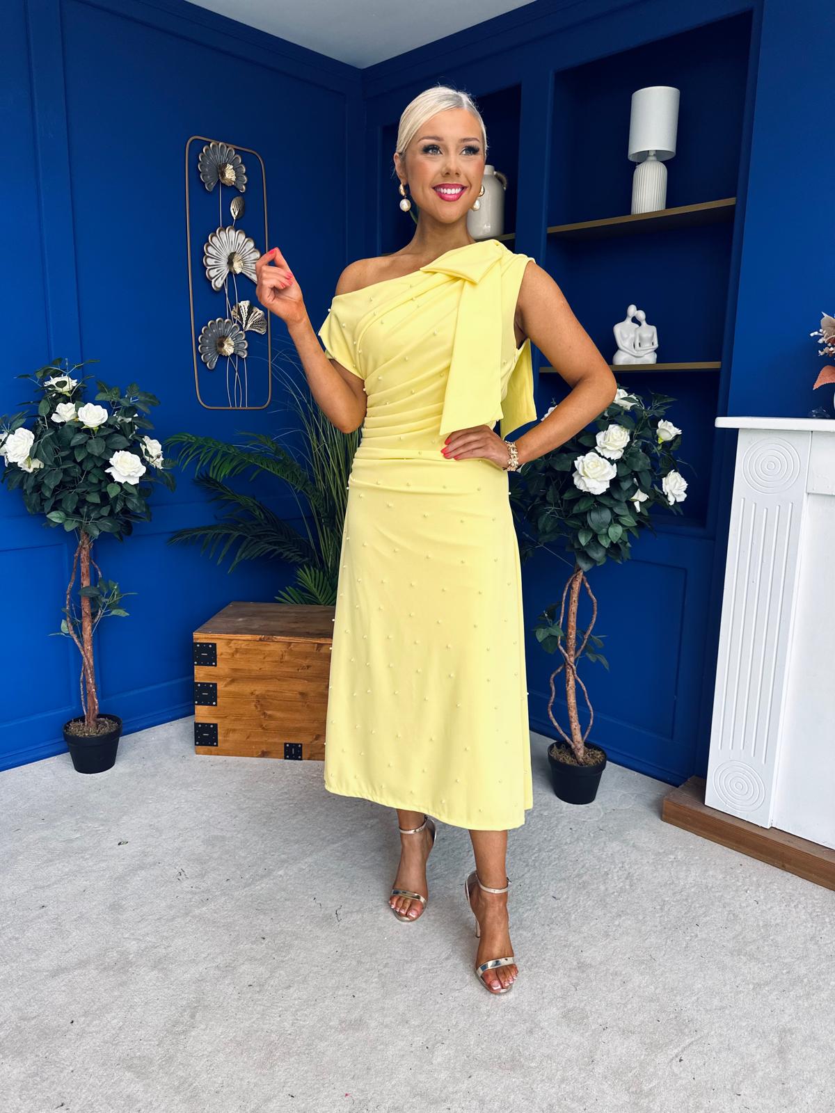 Katie Bow Detail Pearl Embellished Dress Yellow