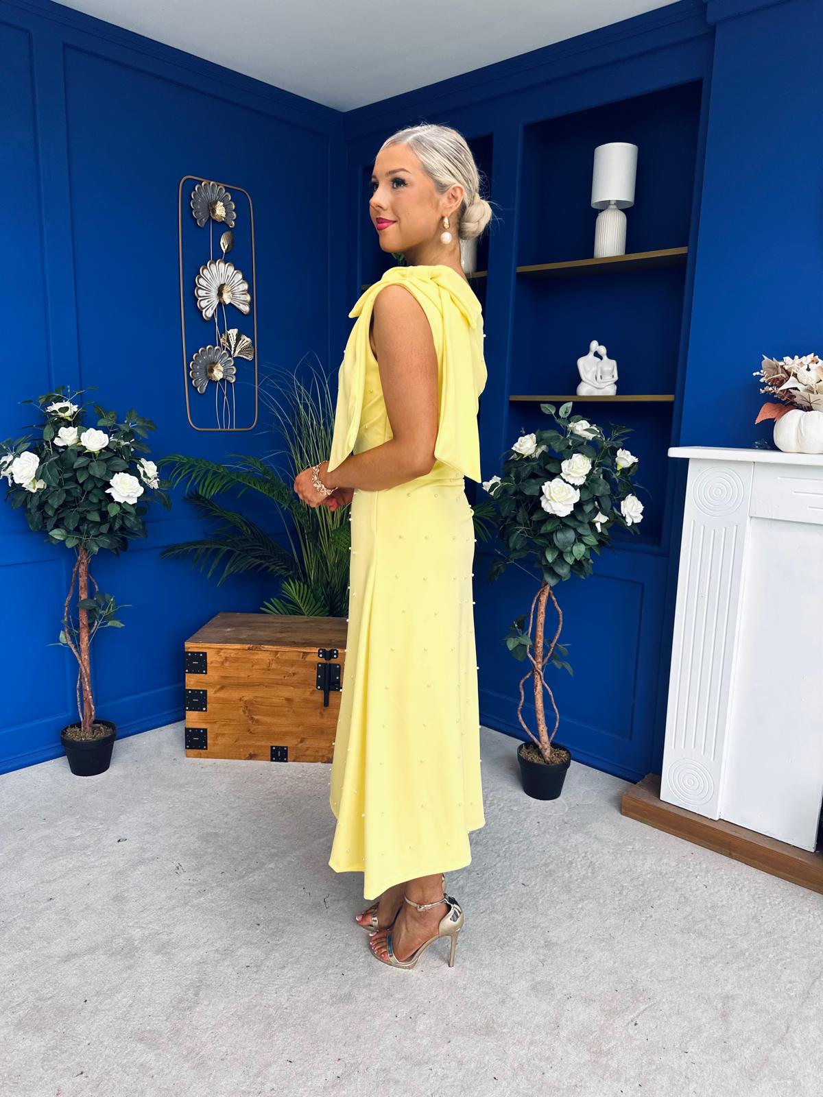 Katie Bow Detail Pearl Embellished Dress Yellow