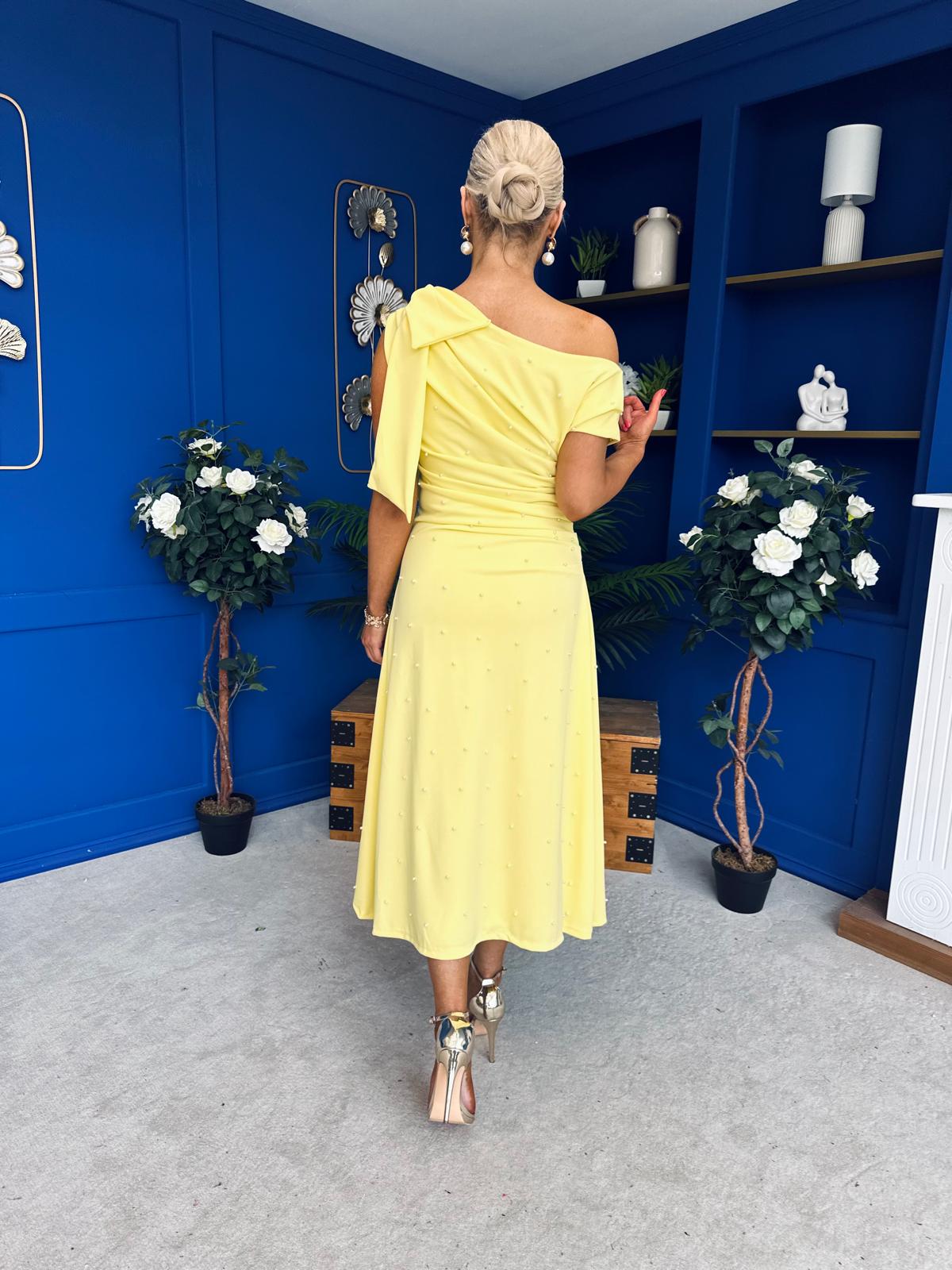 Katie Bow Detail Pearl Embellished Dress Yellow