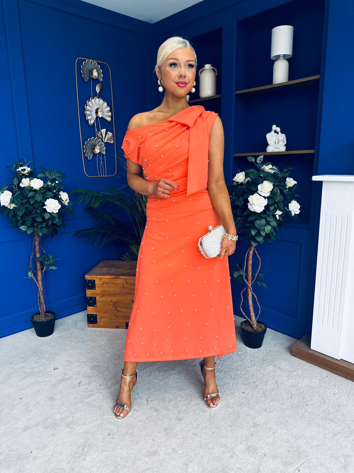 Katie Bow Detail Pearl Embellished Dress Coral