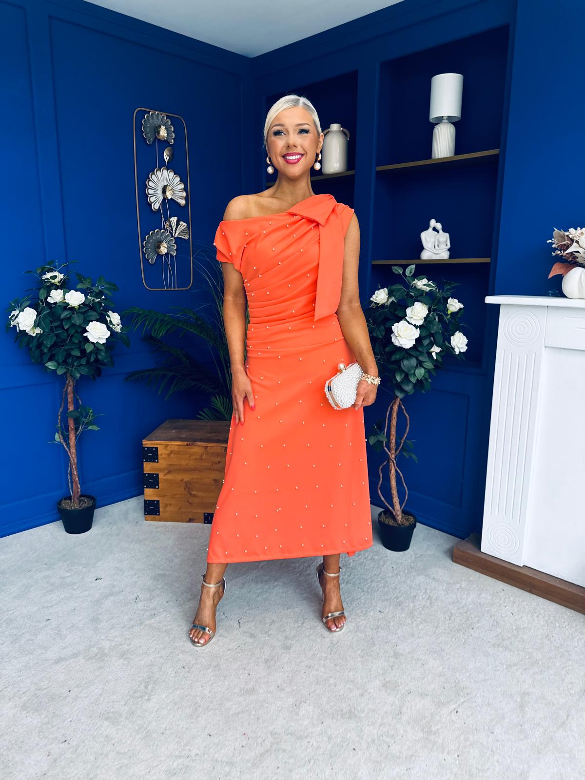 Katie Bow Detail Pearl Embellished Dress Coral