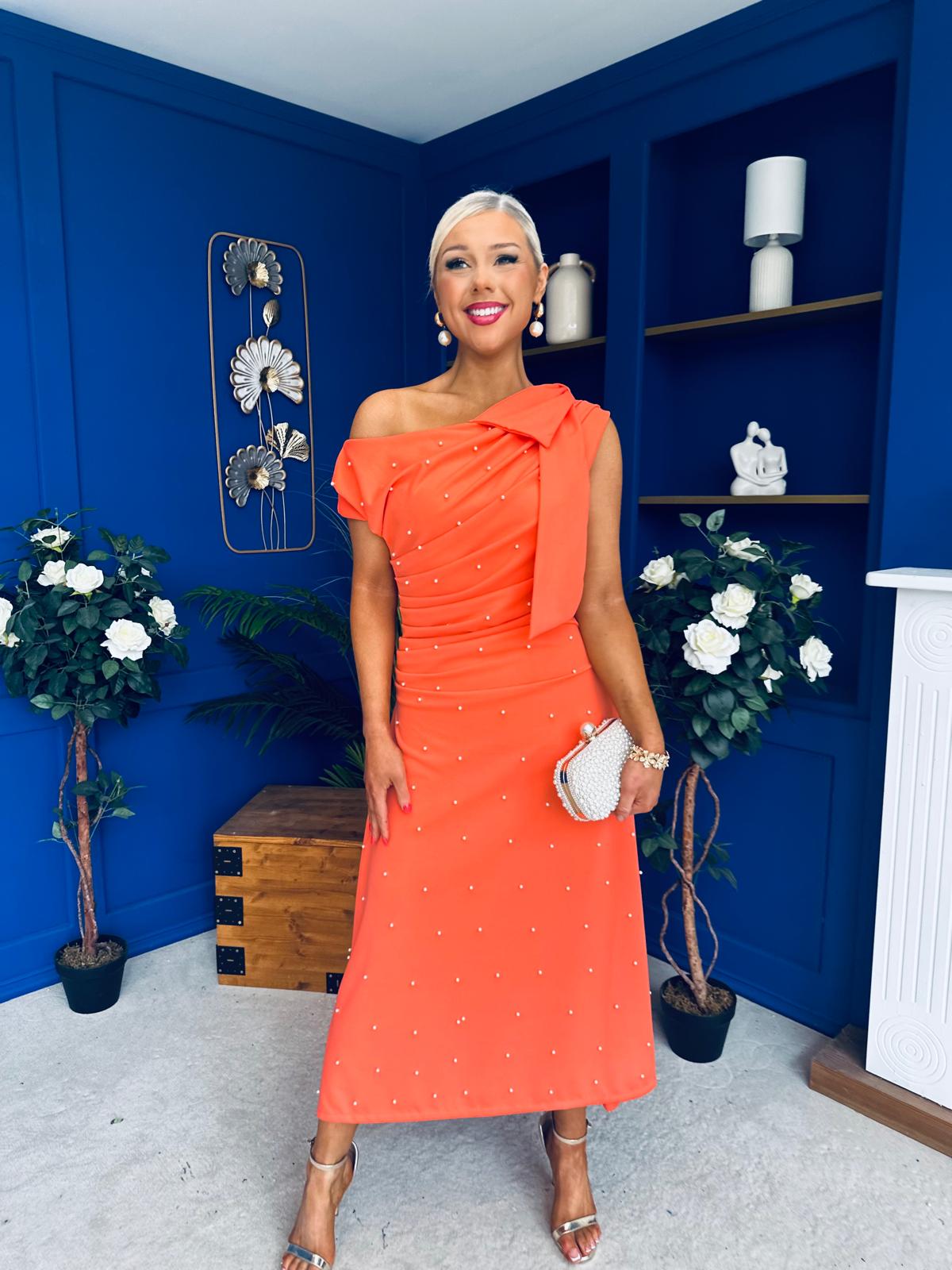 Katie Bow Detail Pearl Embellished Dress Coral