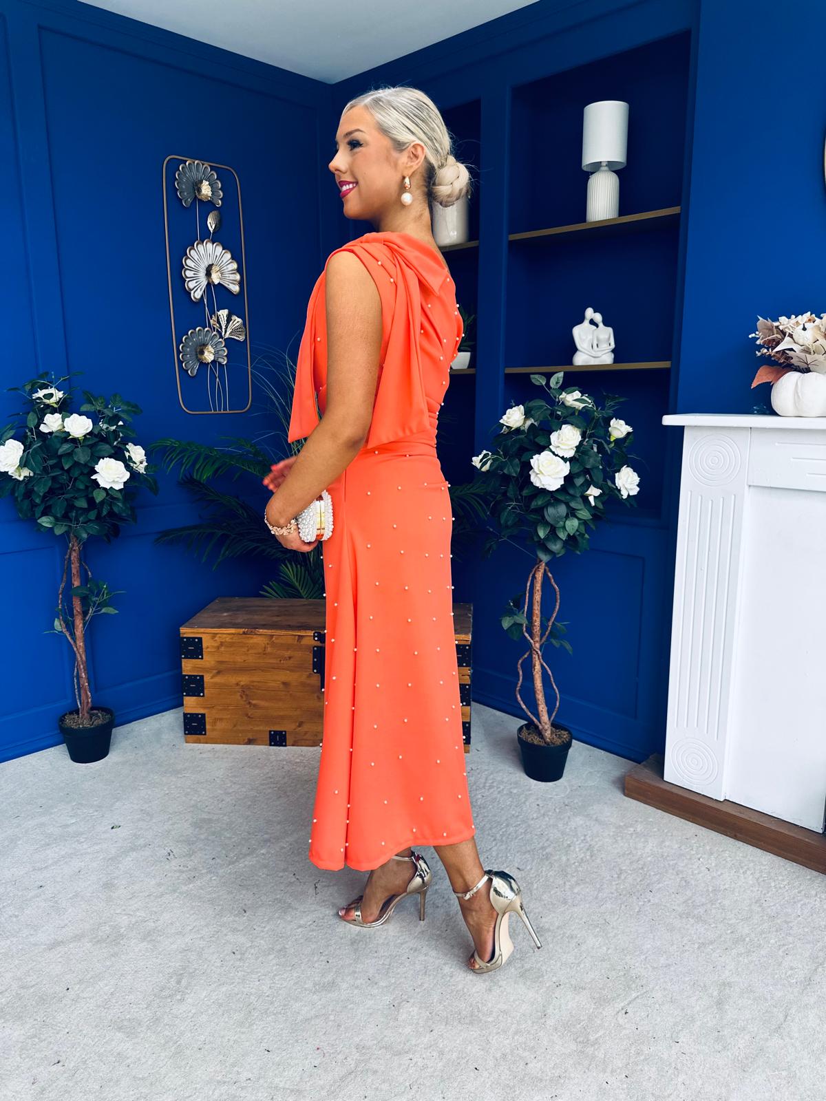 Katie Bow Detail Pearl Embellished Dress Coral