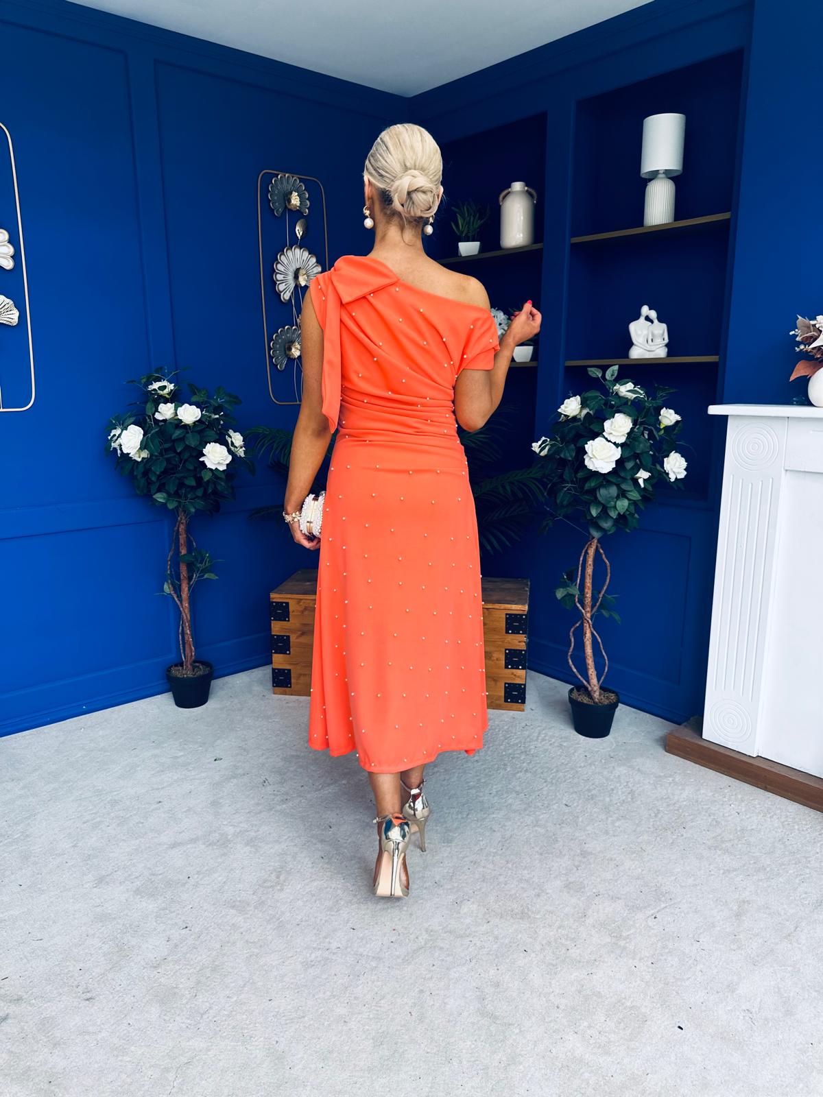 Katie Bow Detail Pearl Embellished Dress Coral