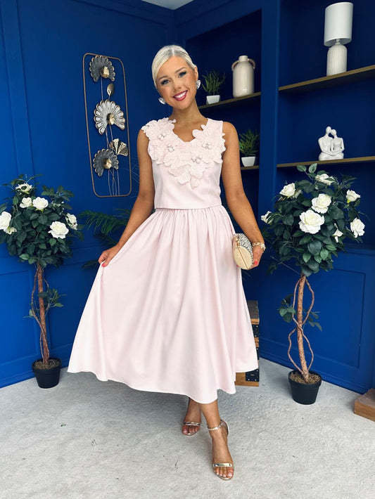 Isla Floral Detailed Top & Skirt Set Pwr Pink