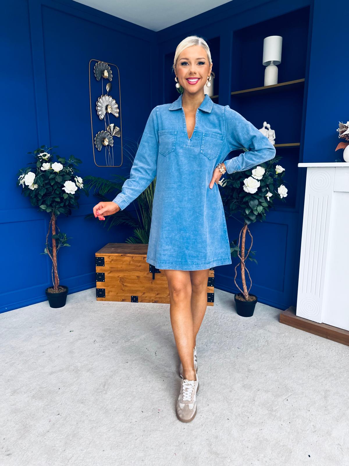Alice Denim Mini Shift Dress Blue