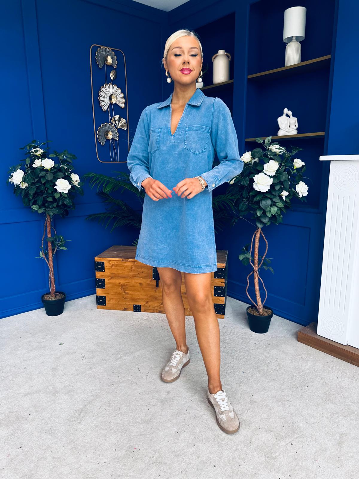 Alice Denim Mini Shift Dress Blue