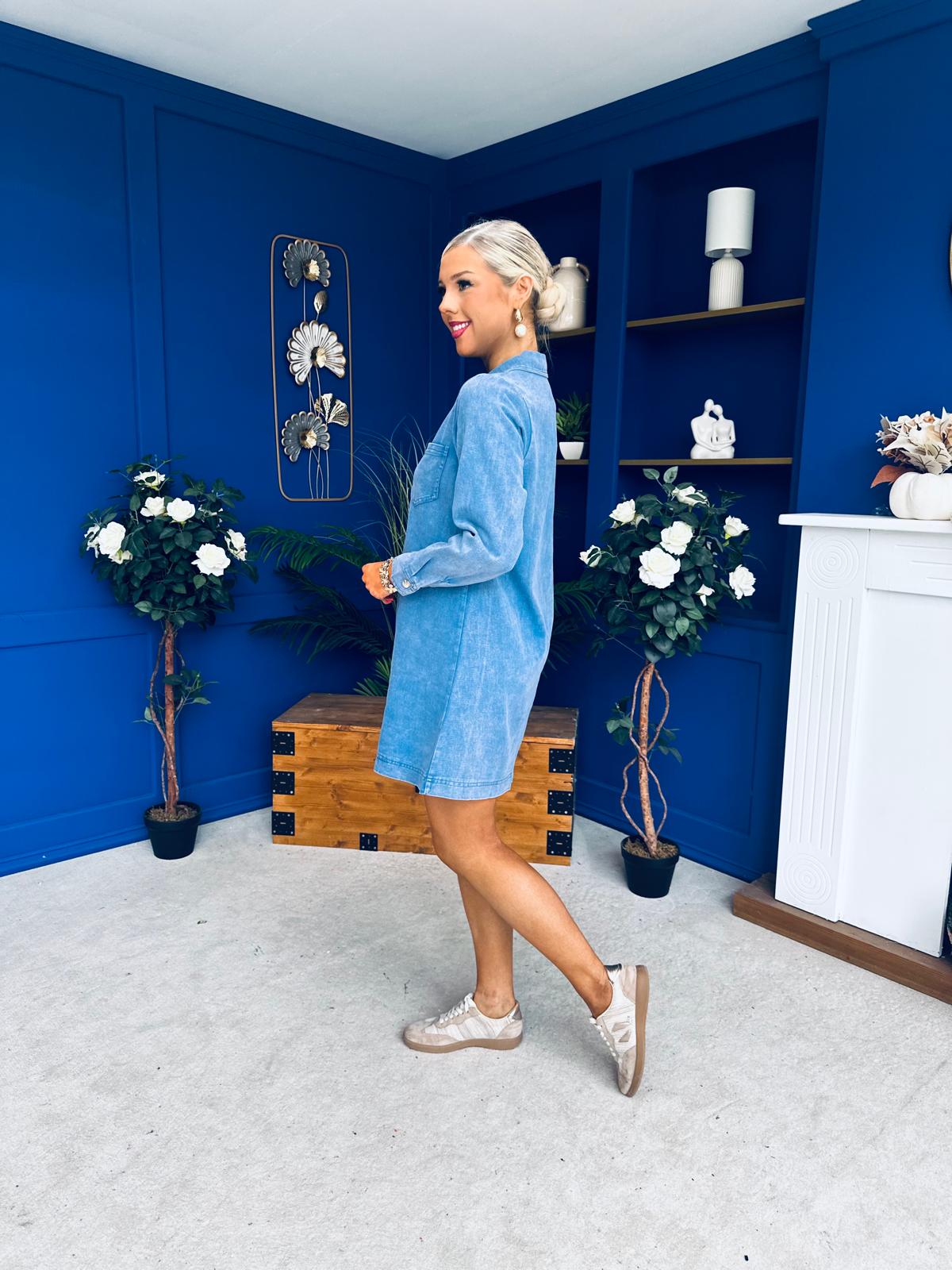 Alice Denim Mini Shift Dress Blue