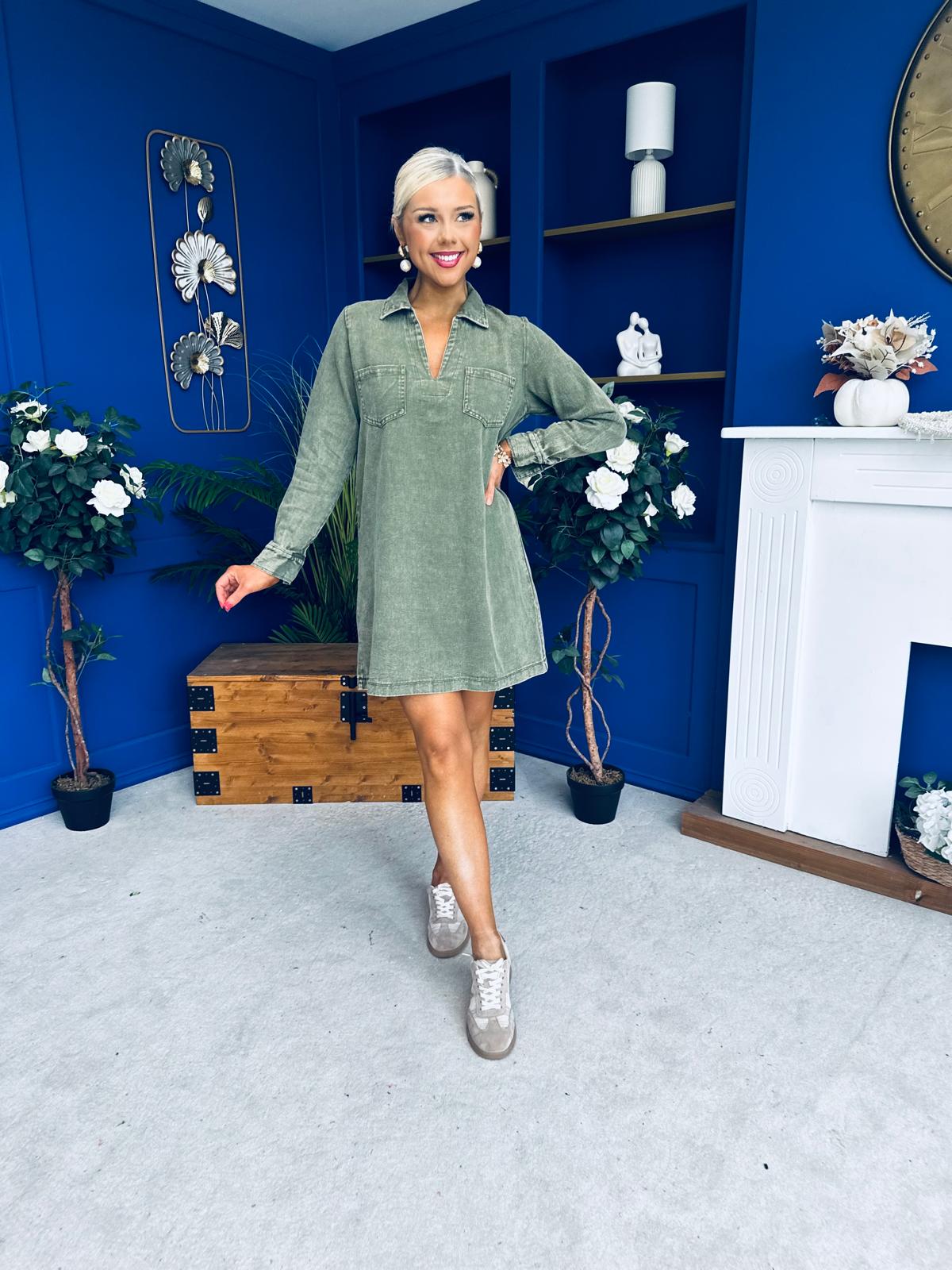 Alice Denim Mini Shift Dress Khaki Green