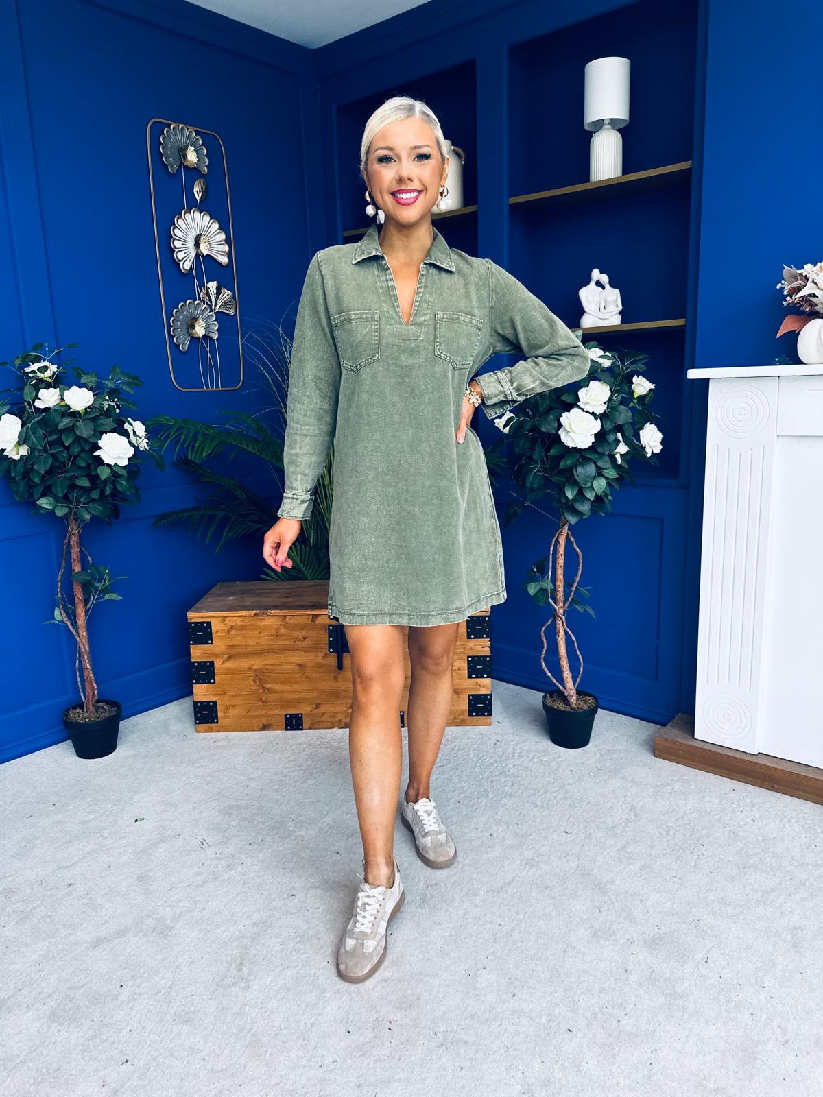 Alice Denim Mini Shift Dress Khaki Green