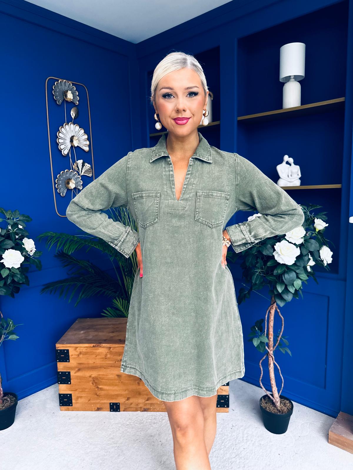 Alice Denim Mini Shift Dress Khaki Green