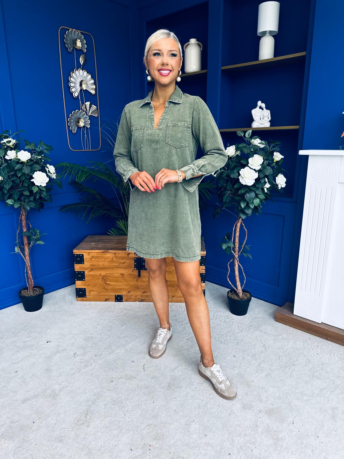 Alice Denim Mini Shift Dress Khaki Green