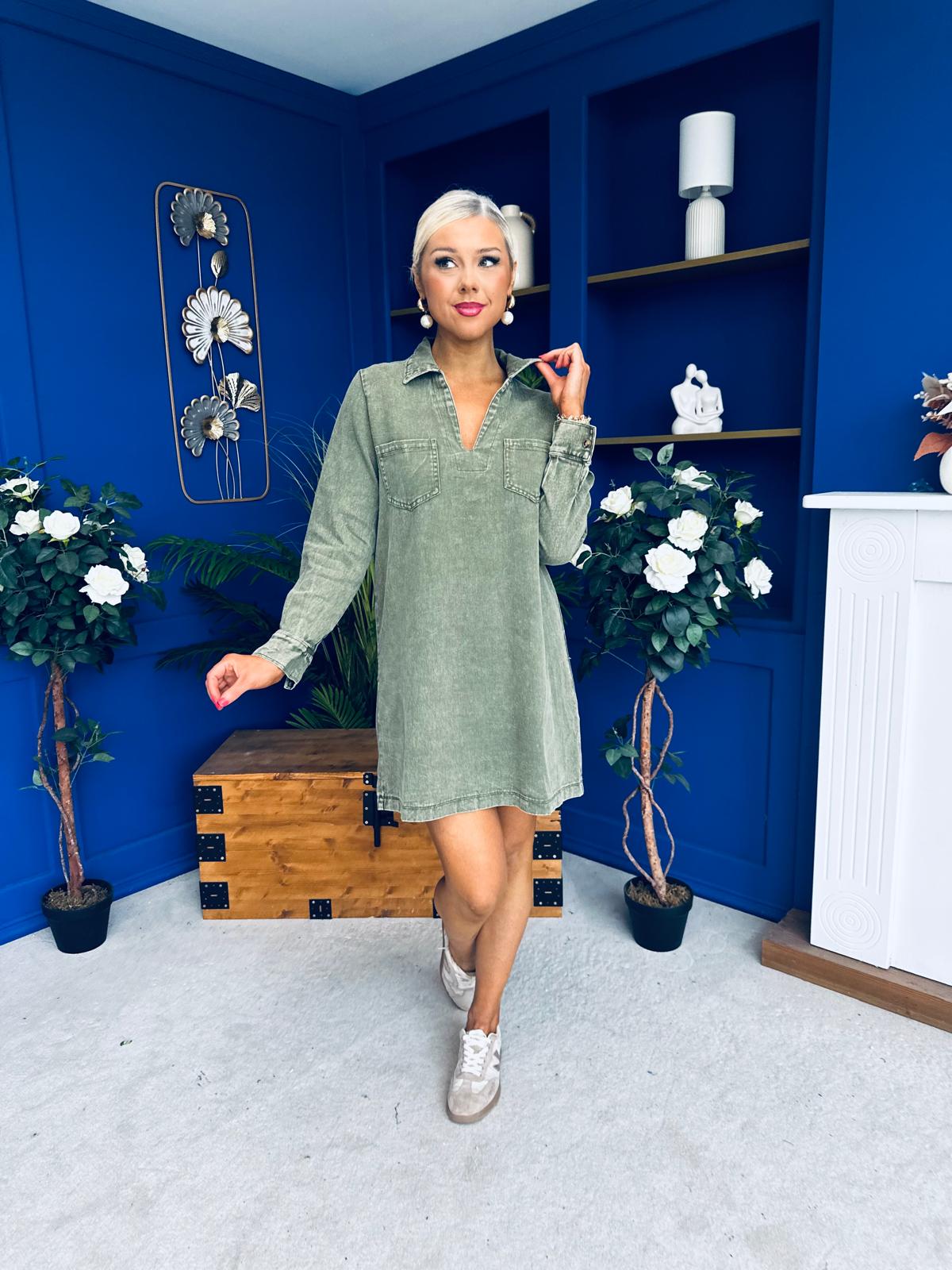 Alice Denim Mini Shift Dress Khaki Green