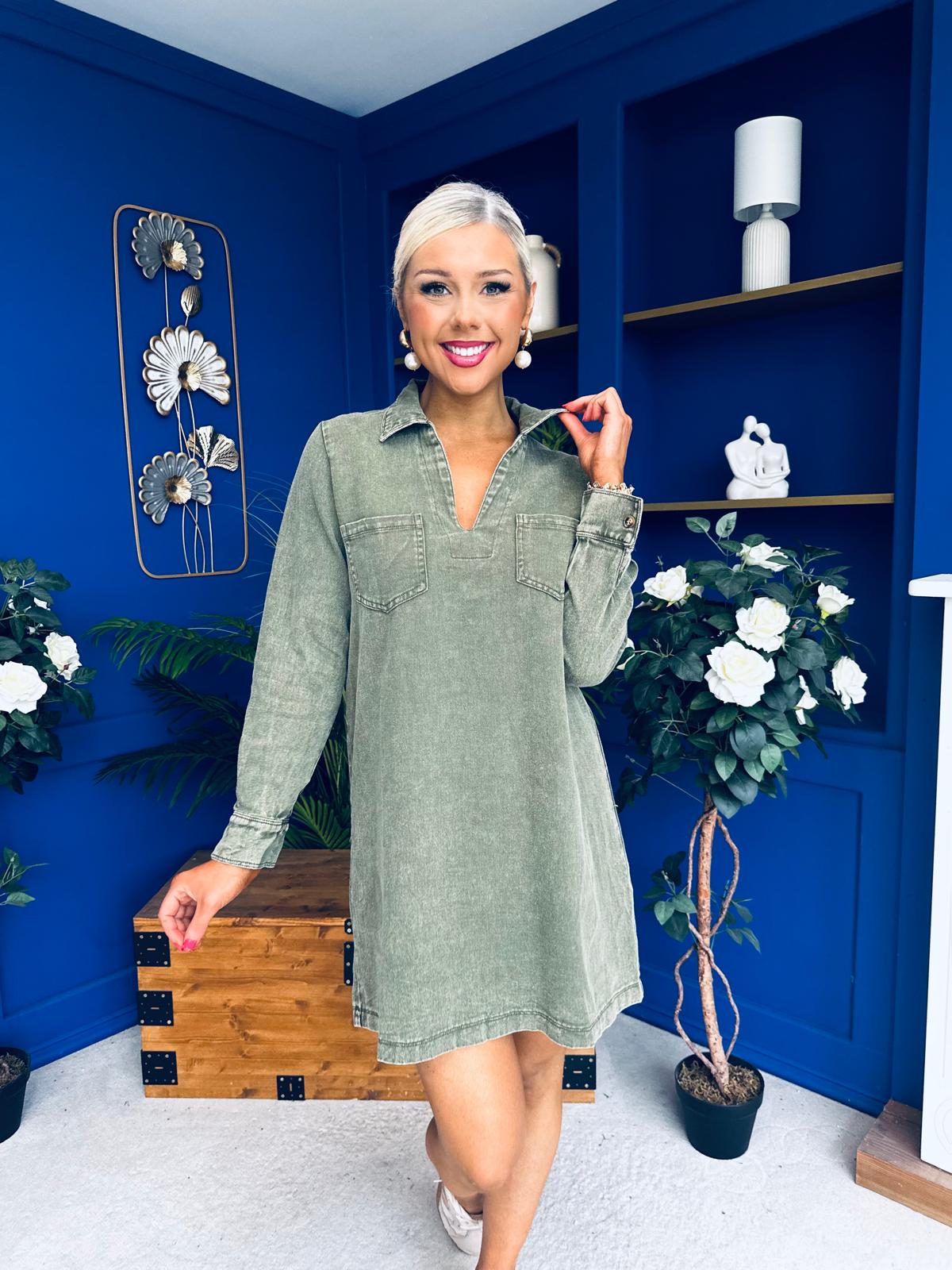Alice Denim Mini Shift Dress Khaki Green
