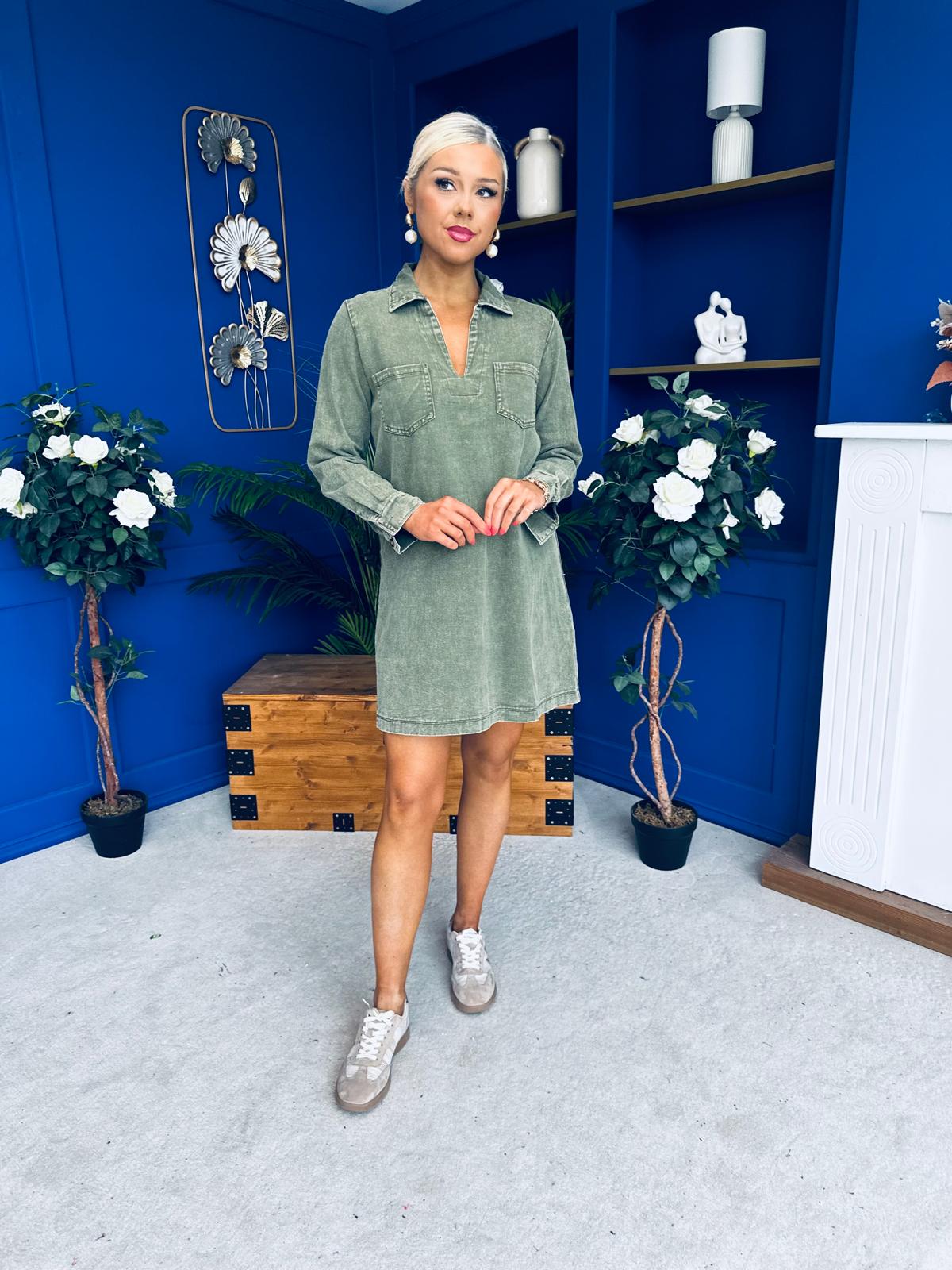 Alice Denim Mini Shift Dress Khaki Green