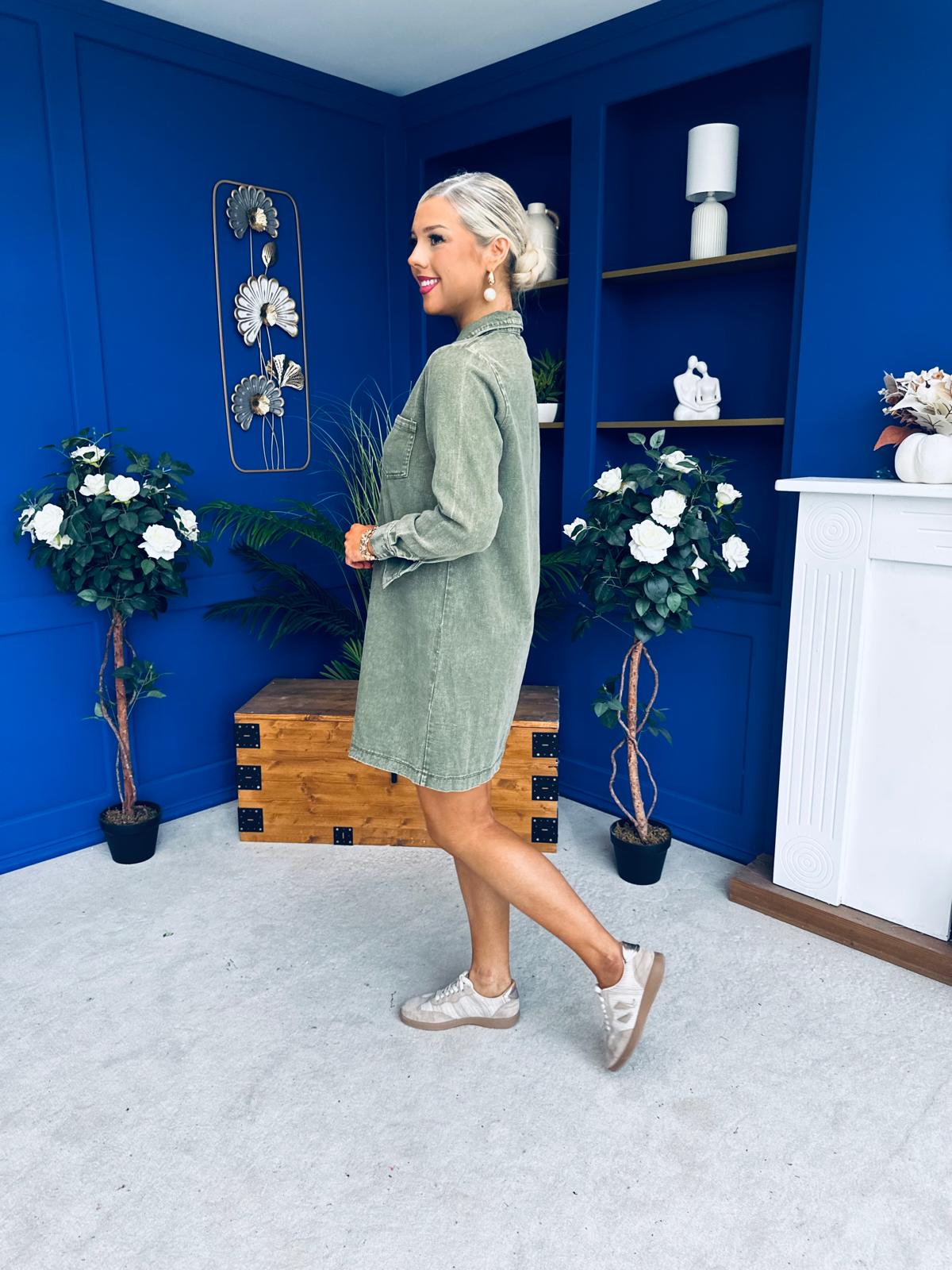 Alice Denim Mini Shift Dress Khaki Green