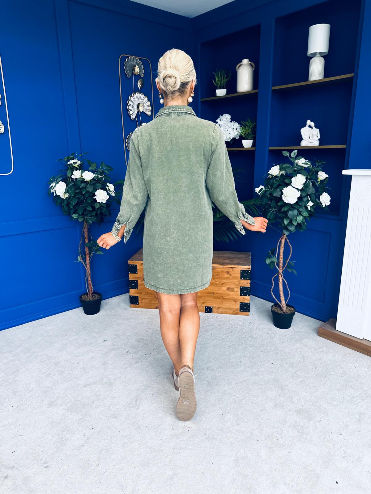 Alice Denim Mini Shift Dress Khaki Green
