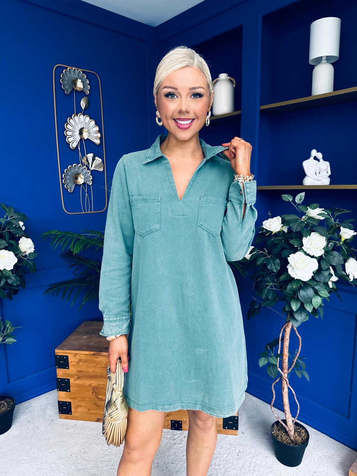 Alice Denim Mini Shift Dress Bottle Green
