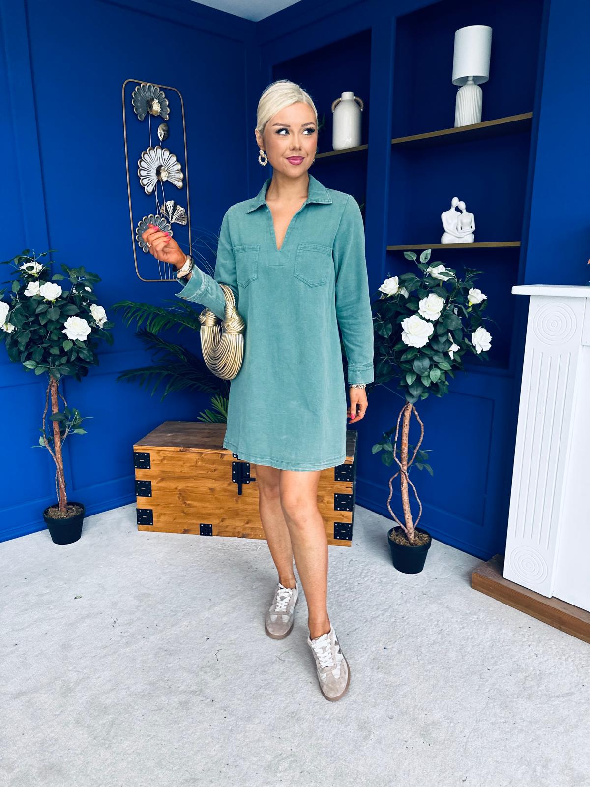 Alice Denim Mini Shift Dress Bottle Green