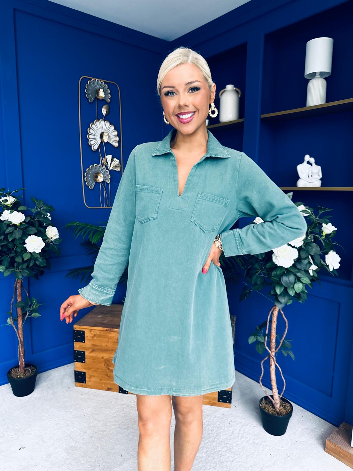Alice Denim Mini Shift Dress Bottle Green