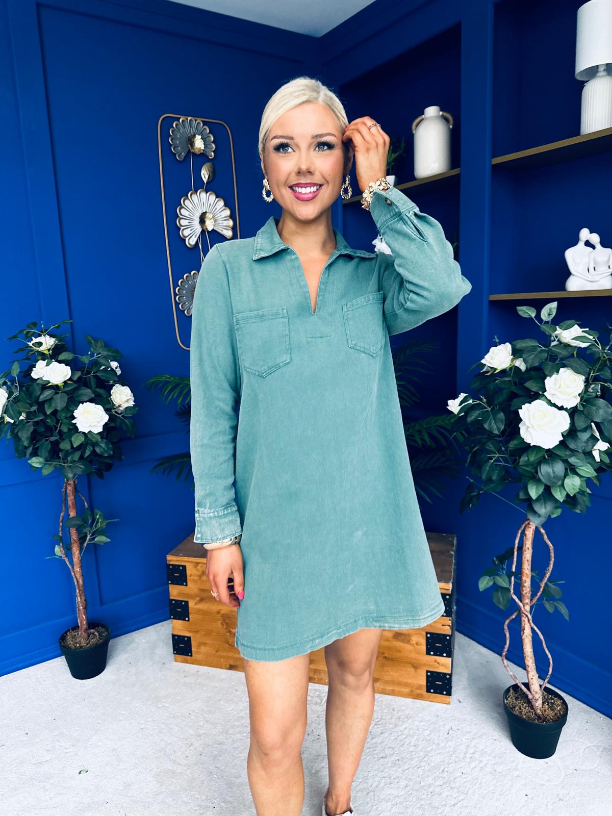 Alice Denim Mini Shift Dress Bottle Green