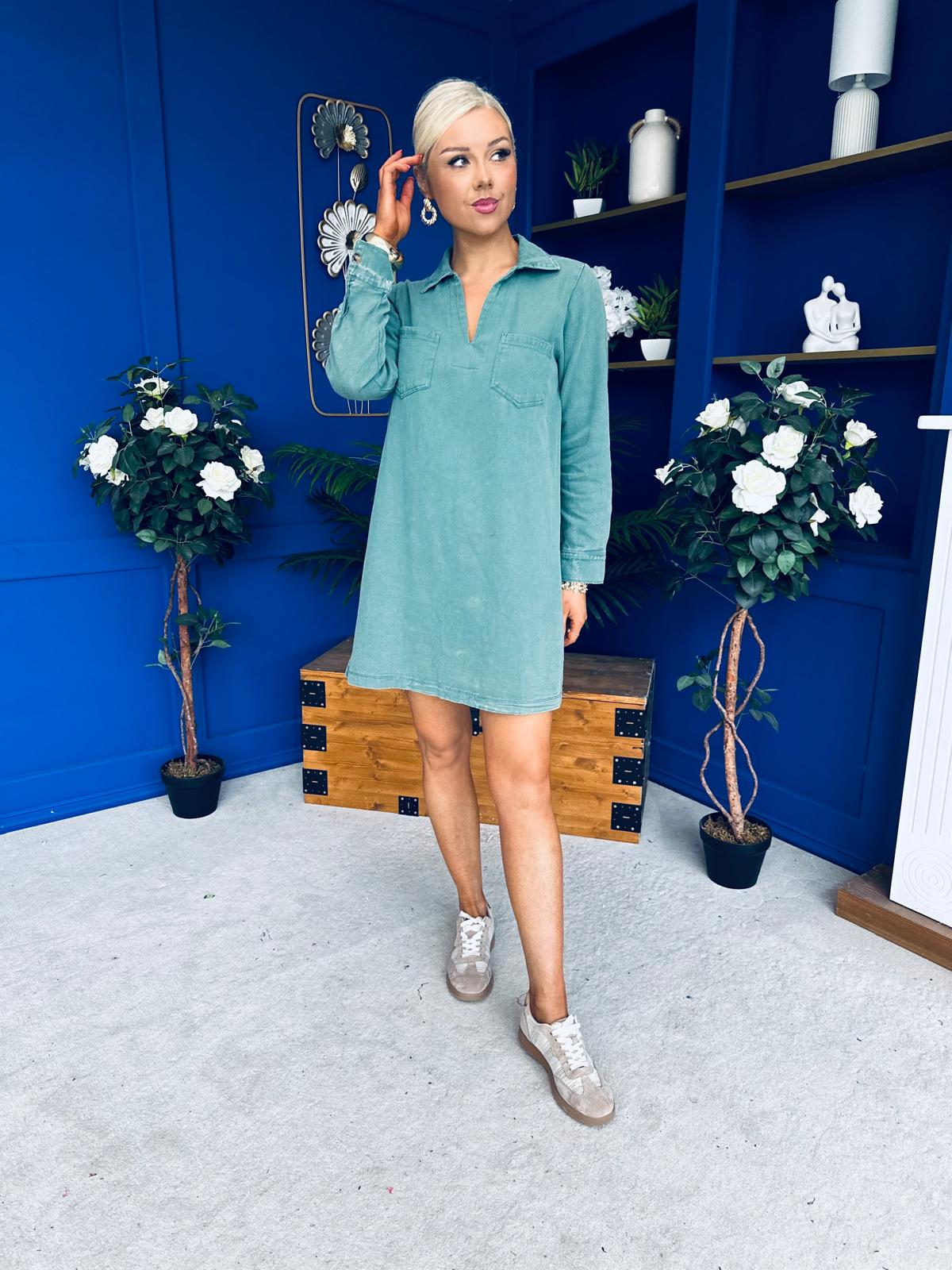 Alice Denim Mini Shift Dress Bottle Green